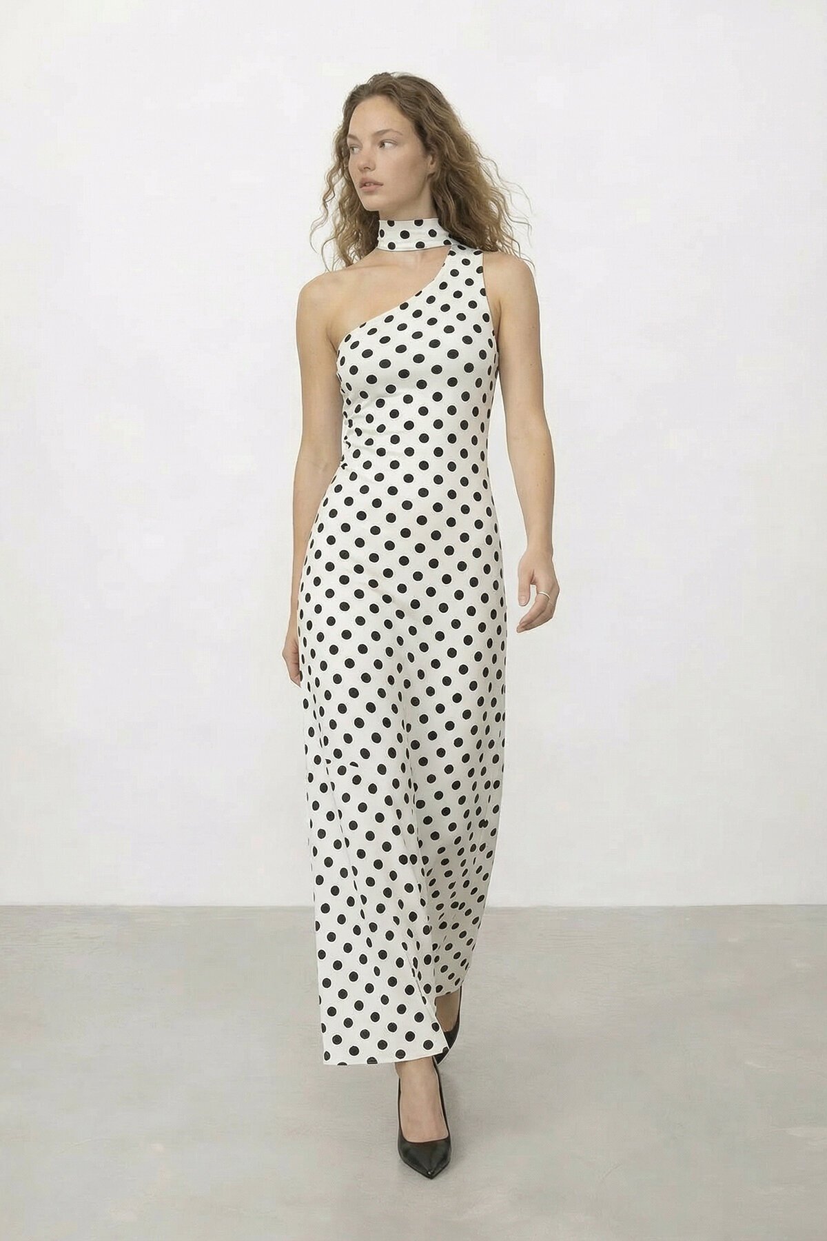 Puantiyeli Tek Omuz  Midi Elbise