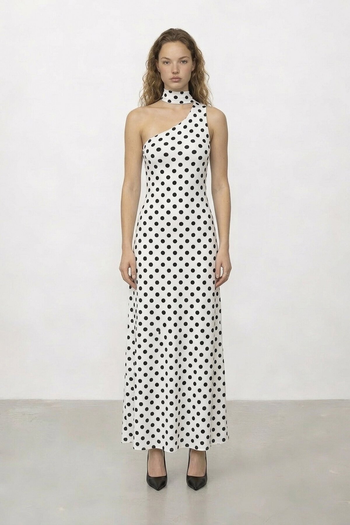 Puantiyeli Tek Omuz  Midi Elbise