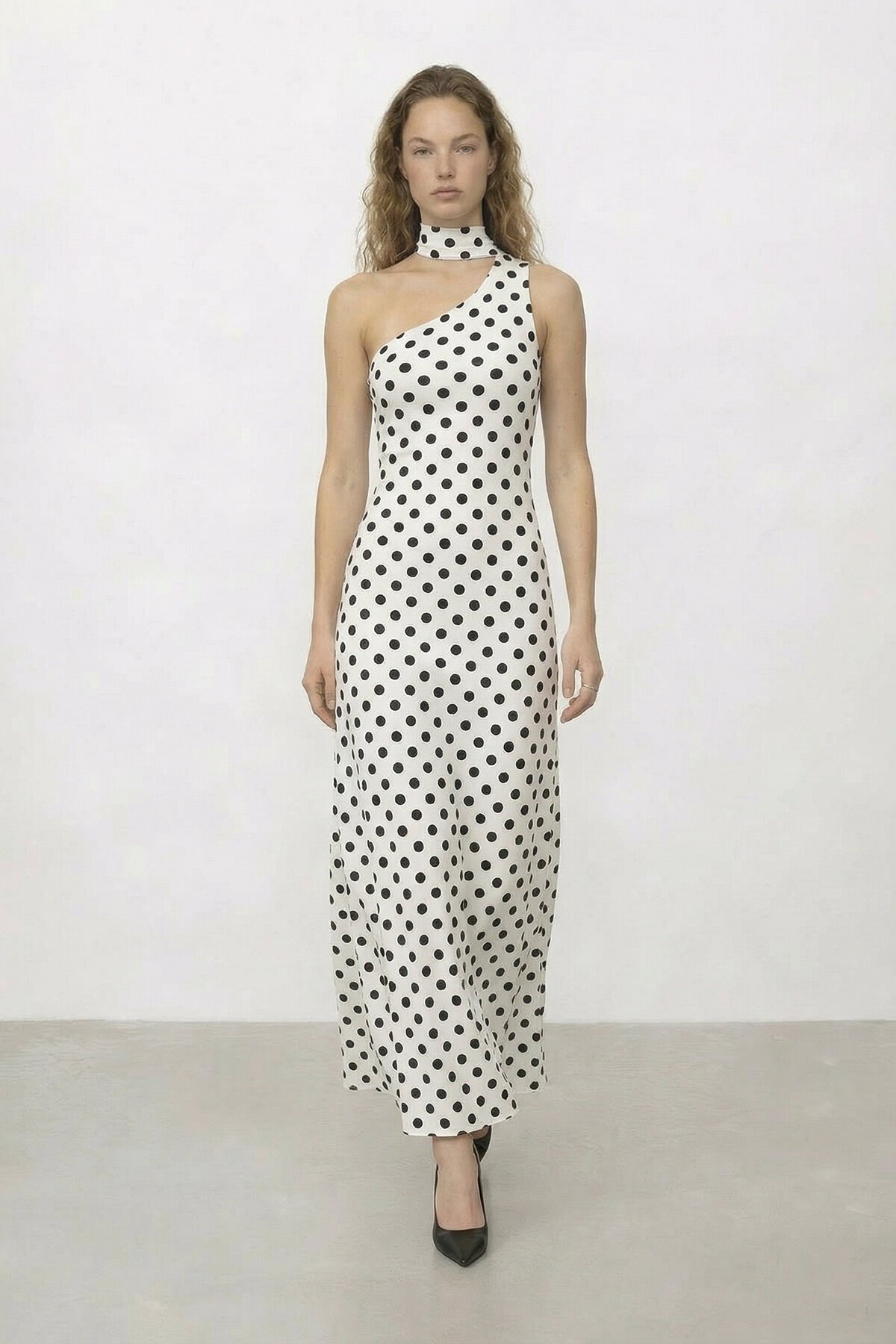 Puantiyeli Tek Omuz  Midi Elbise