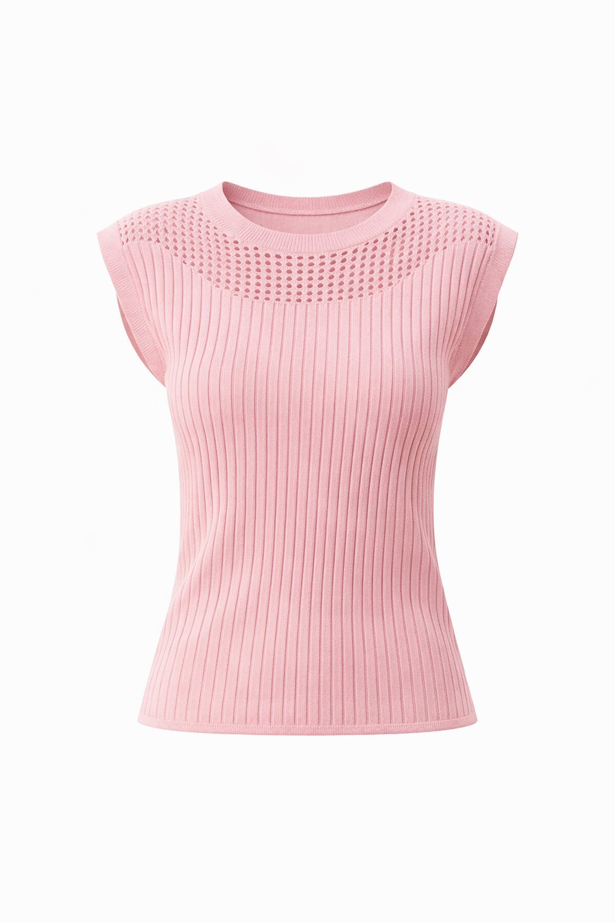 Şeker Pembe Kayık Yaka Omuzları Delik Ajurlu Kolsuz Triko Bluz