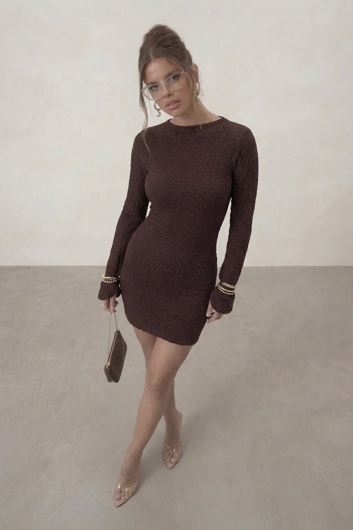 Sırt Dekolteli Bağlama Detaylı Bürümcük Mini Elbise