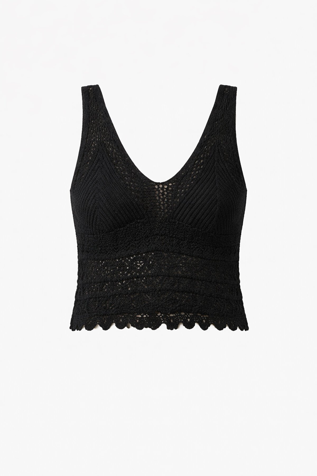 Siyah Askılı Ajurlu Örme Crop Bluz