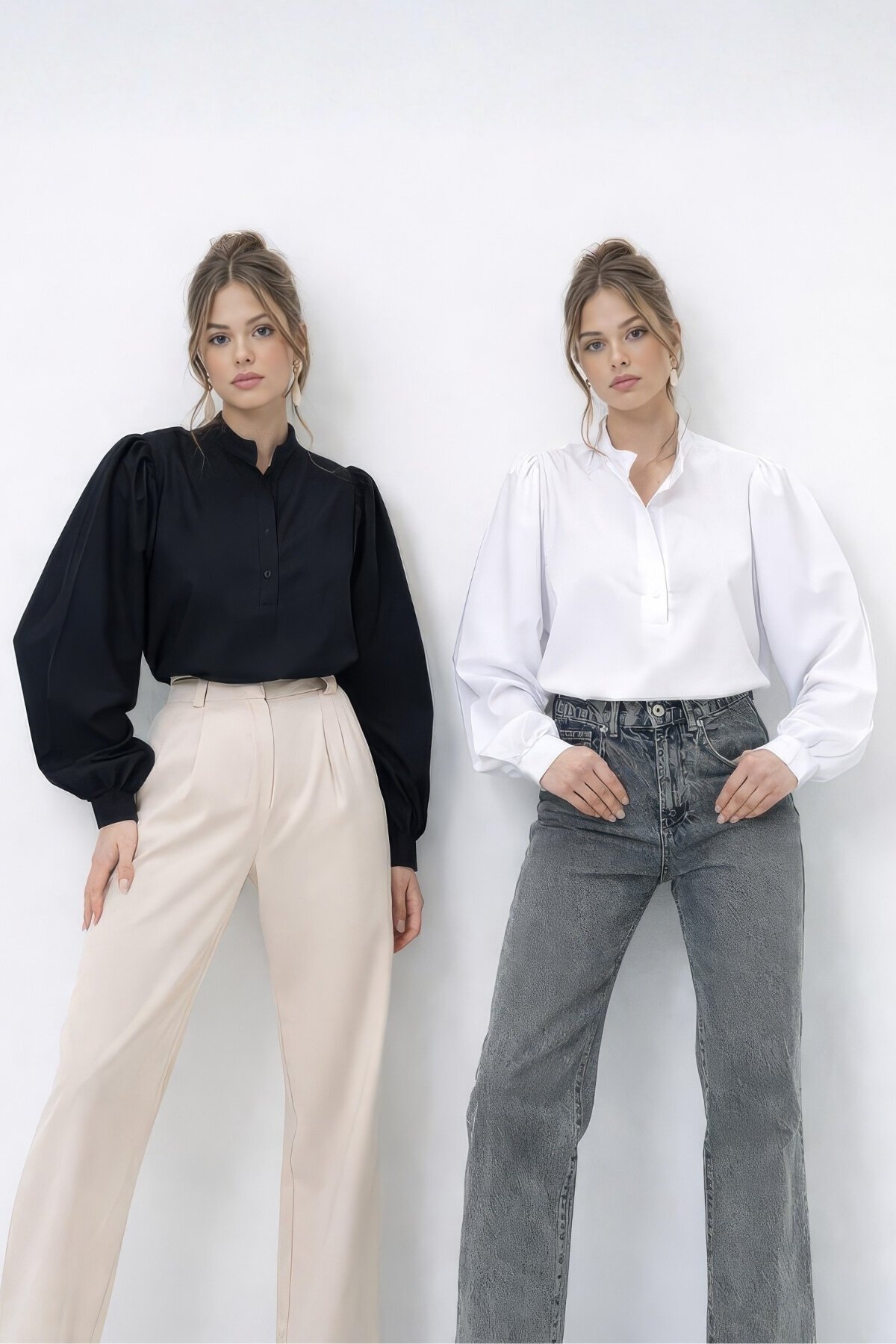 Siyah Beyaz Hakim Yaka Yarım Pat Balon Kol Poplin Dokuma 2Lİ Set Gömlek Takım