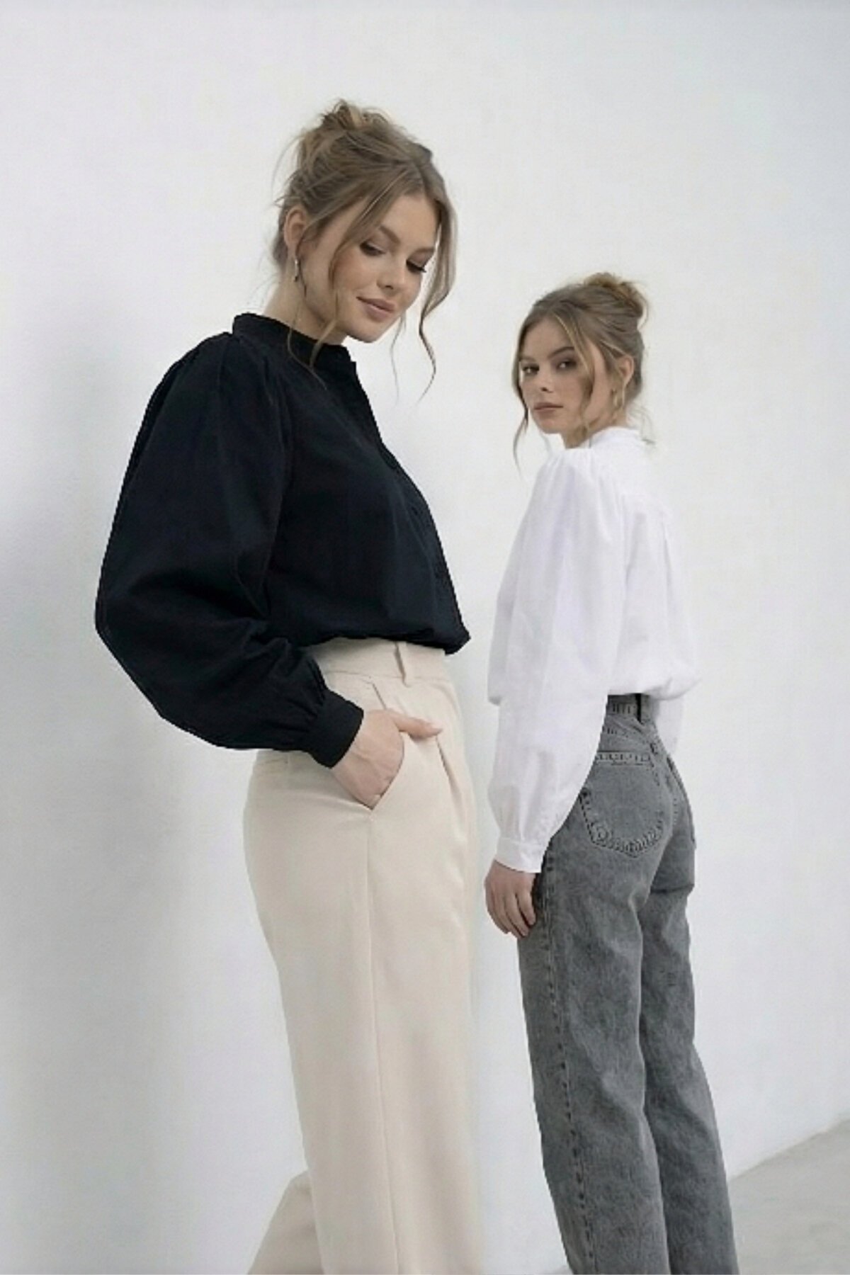 Siyah Beyaz Hakim Yaka Yarım Pat Balon Kol Poplin Dokuma 2Lİ Set Gömlek Takım