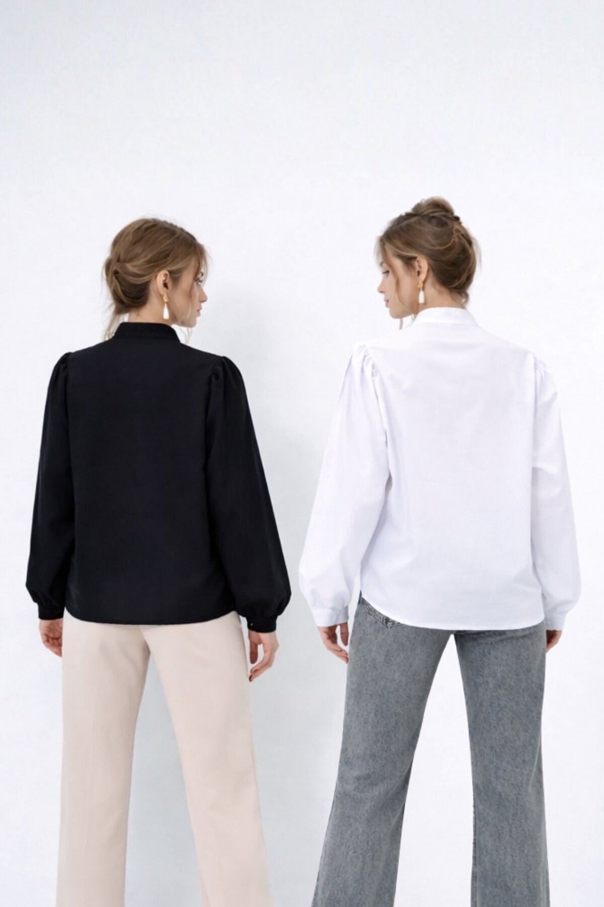 Siyah Beyaz Hakim Yaka Yarım Pat Balon Kol Poplin Dokuma 2Lİ Set Gömlek Takım