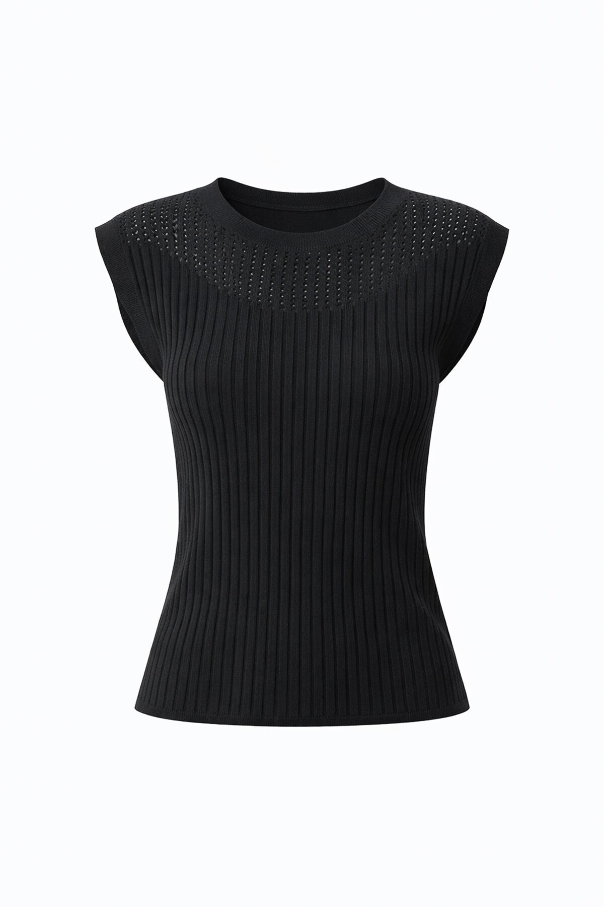 Siyah Kayık Yaka Omuzları Delik Ajurlu Kolsuz Triko Bluz