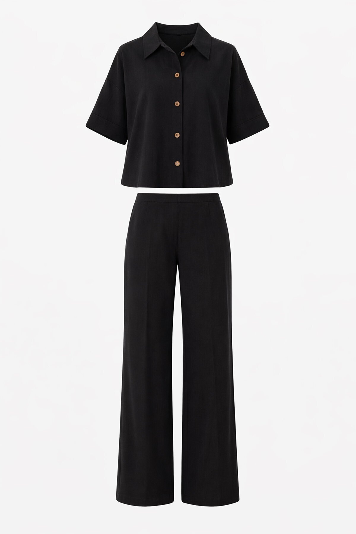 Siyah Keten Gömlek Ve Palazzo Pantolon Takım
