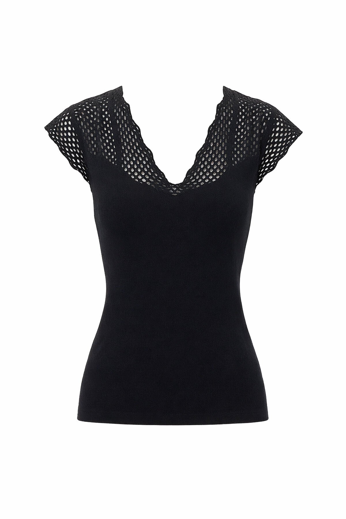 Siyah Önü Ve Arkası V Yaka Delik Ajurlu Triko Bluz