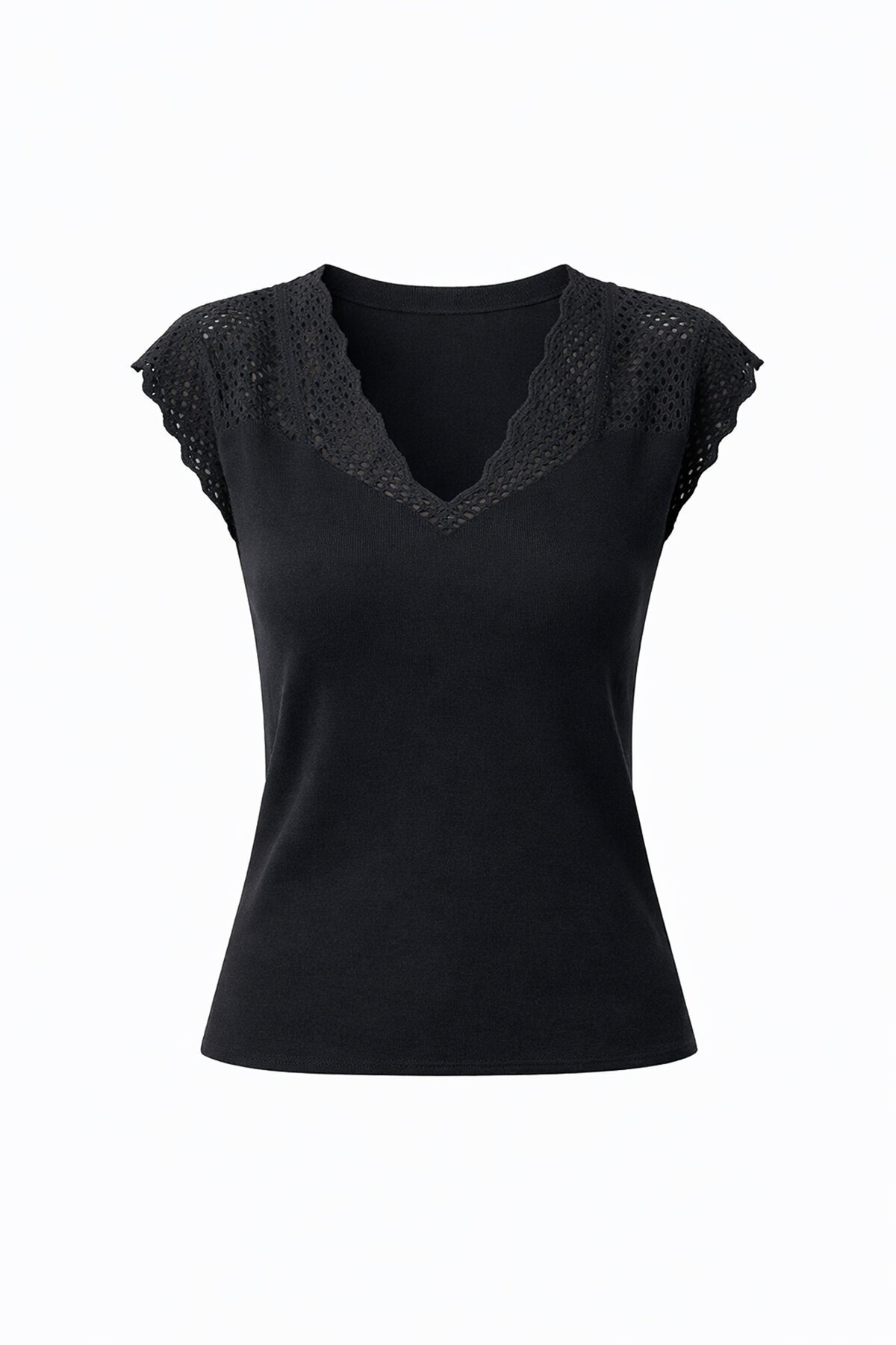 Siyah V Yaka Delik Ajurlu Mevsimlik Triko Bluz