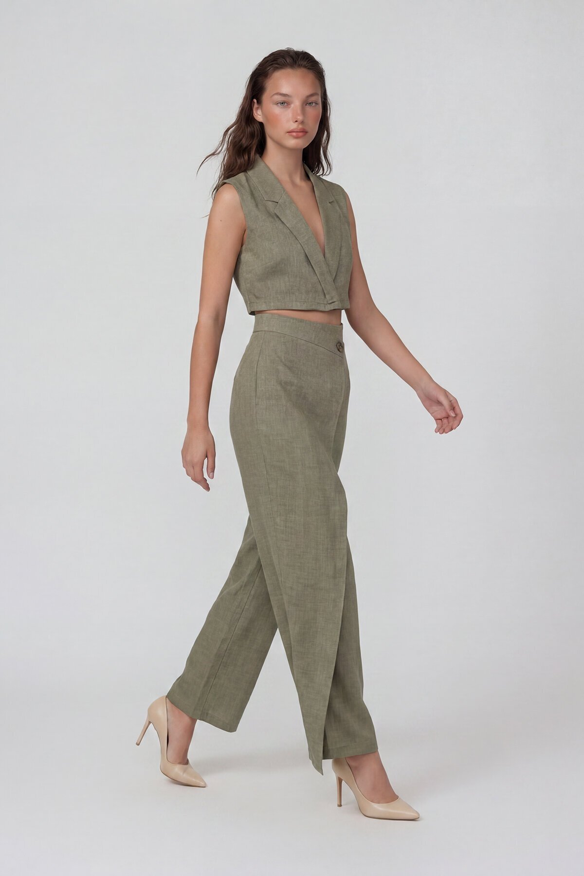Sofia Keten Yelek Ve Anvelop Kesim Yüksek Bel Fermuarlı Pantolon Takım