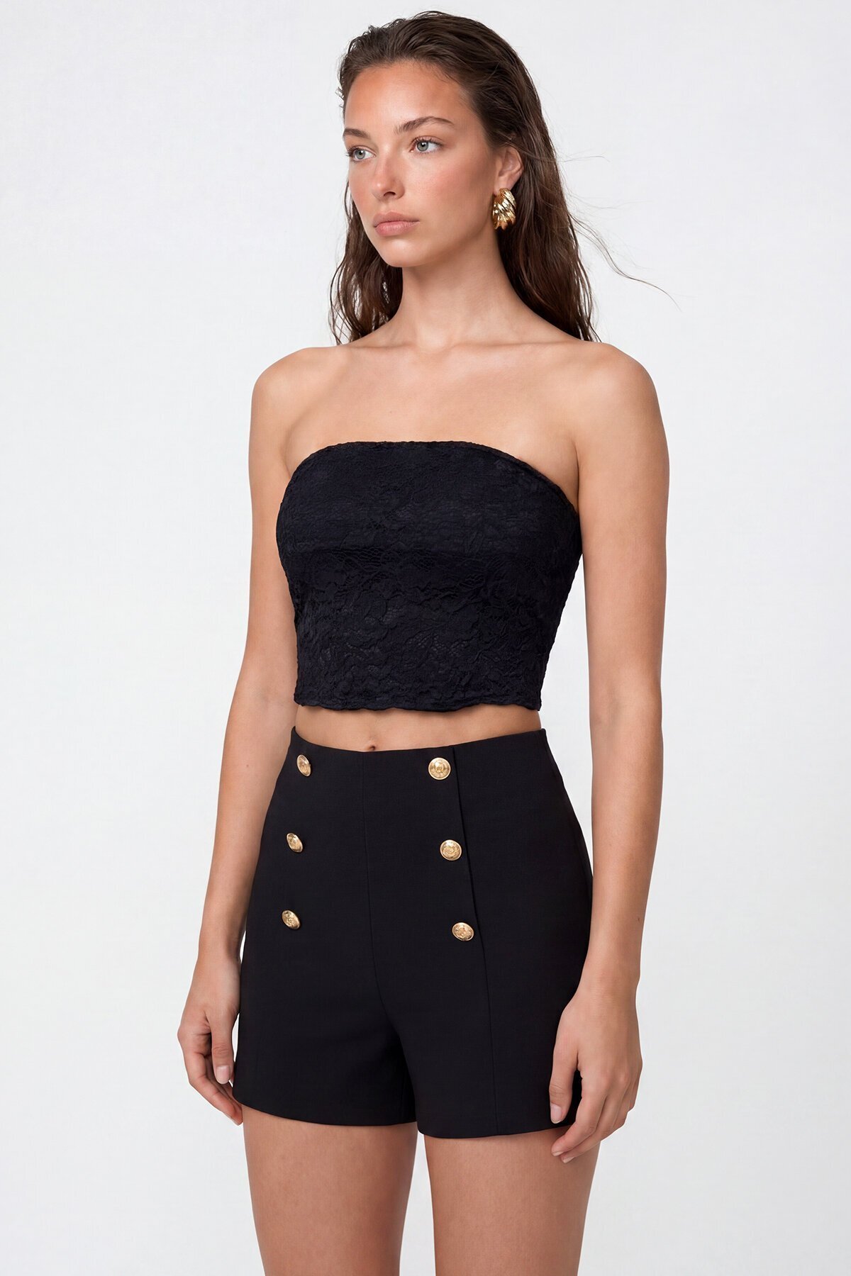 Straplez Dantel Detaylı Crop Bluz