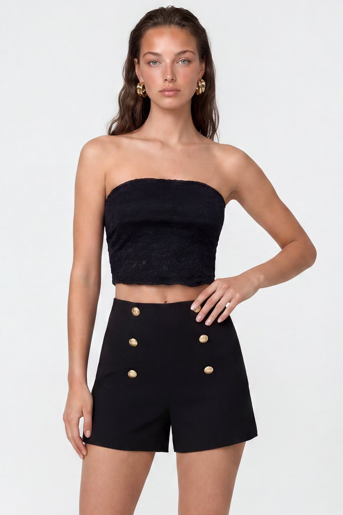 Straplez Dantel Detaylı Crop Bluz