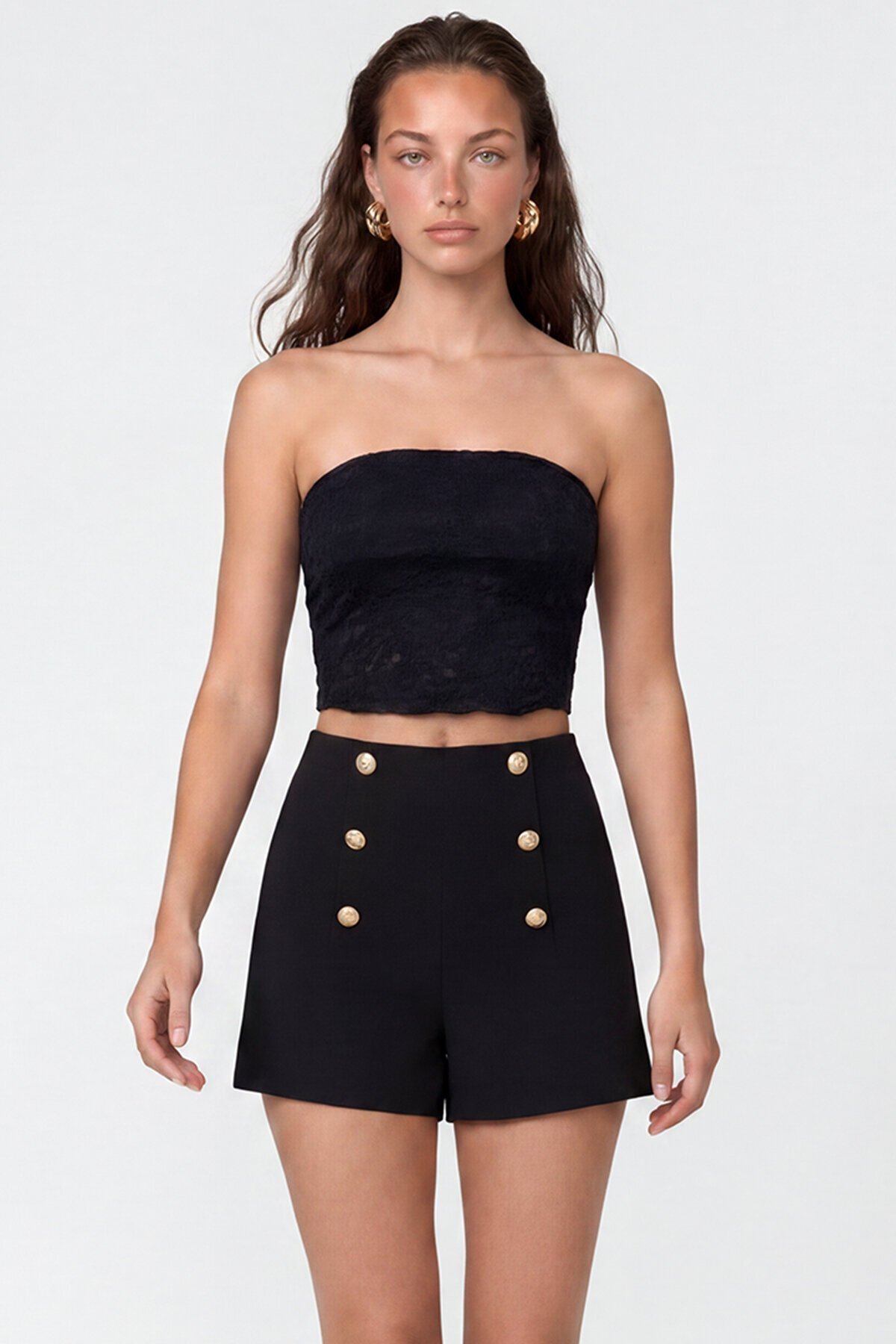 Straplez Dantel Detaylı Crop Bluz