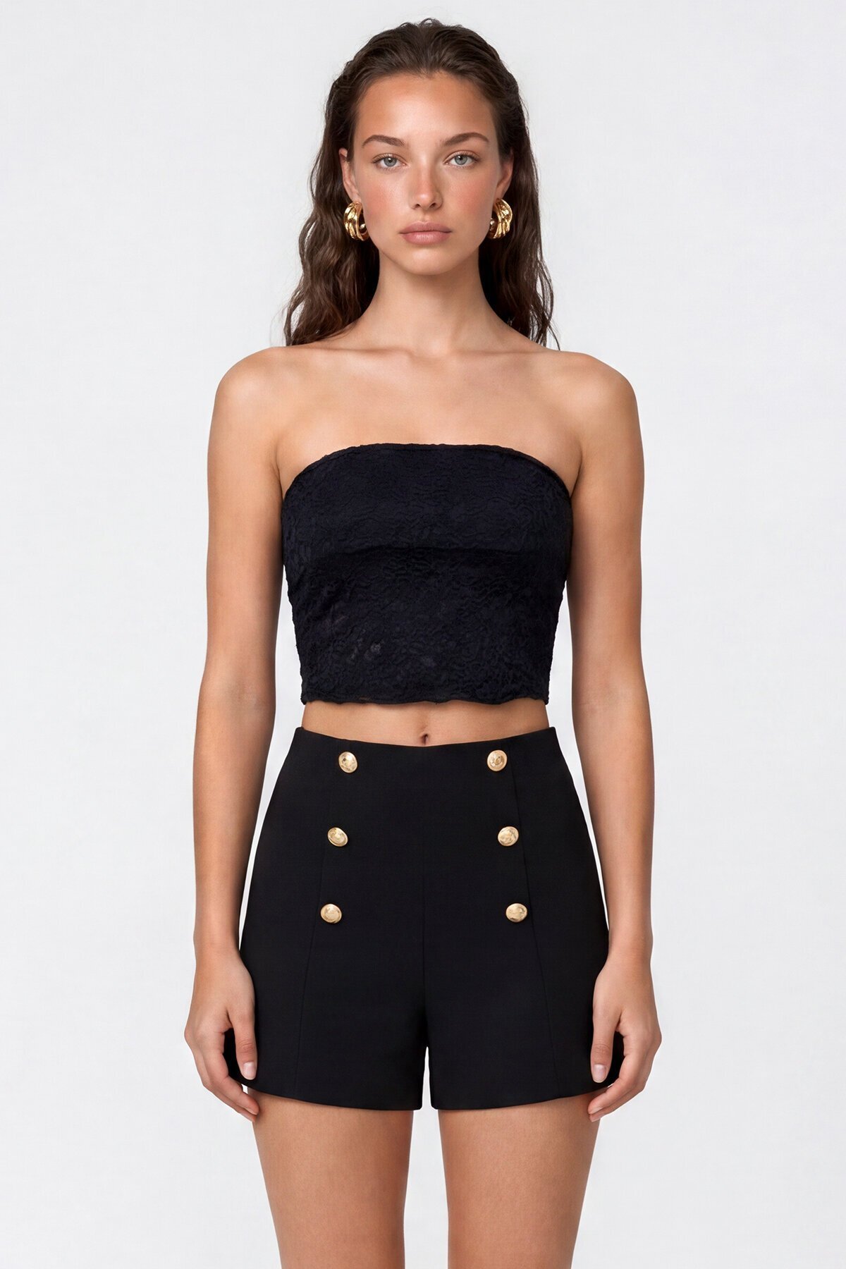 Straplez Dantel Detaylı Crop Bluz
