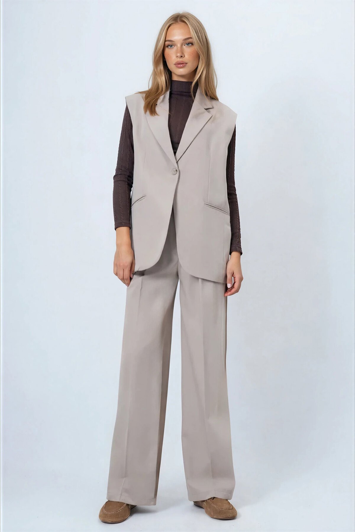 Tek Düğmeli Çift Cepli Astarlı Yelek Pantolon Takım