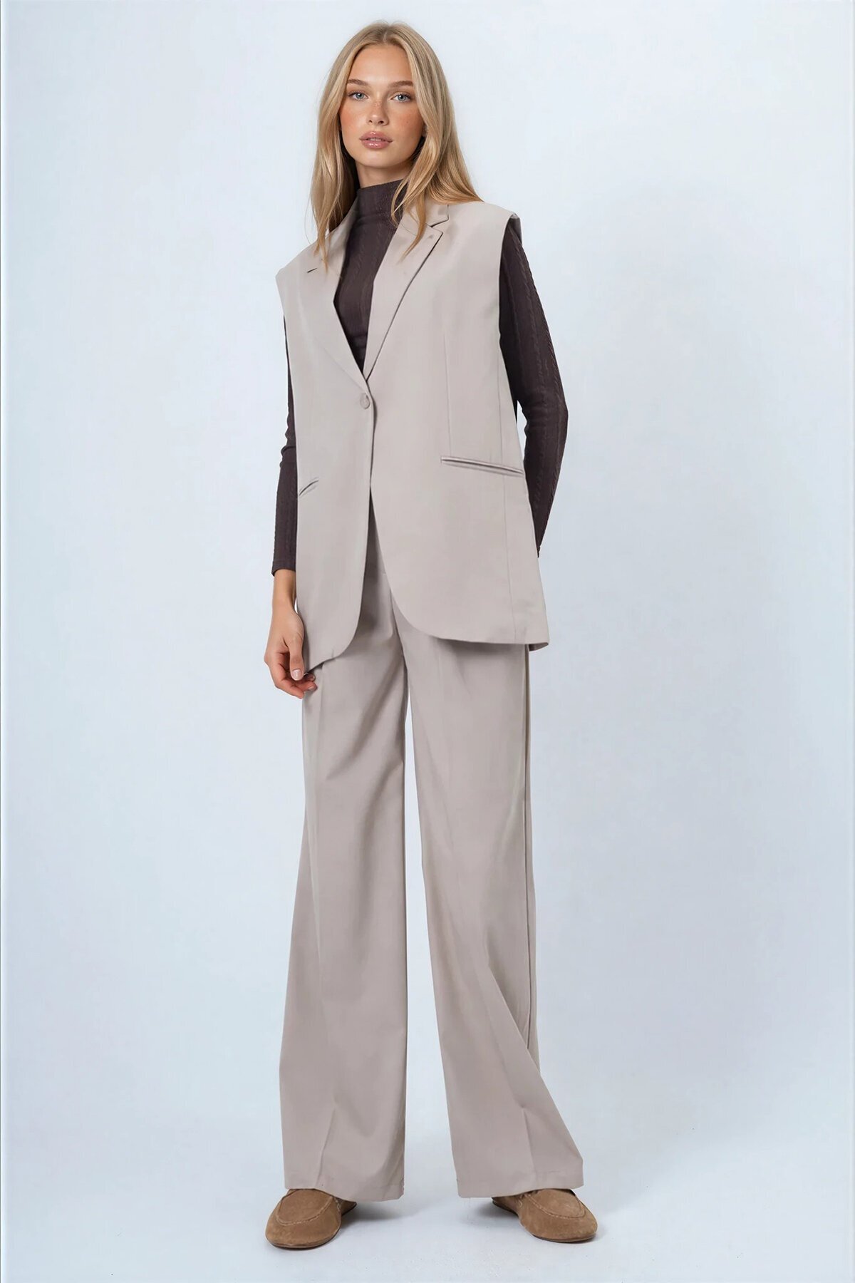 Tek Düğmeli Çift Cepli Astarlı Yelek Pantolon Takım