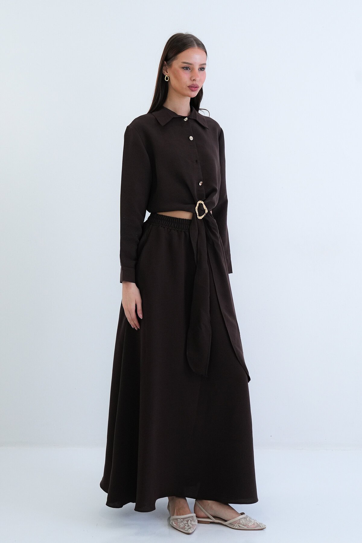 Toka Detaylı Gömlek Ve Beli Lastikli Etek Takım