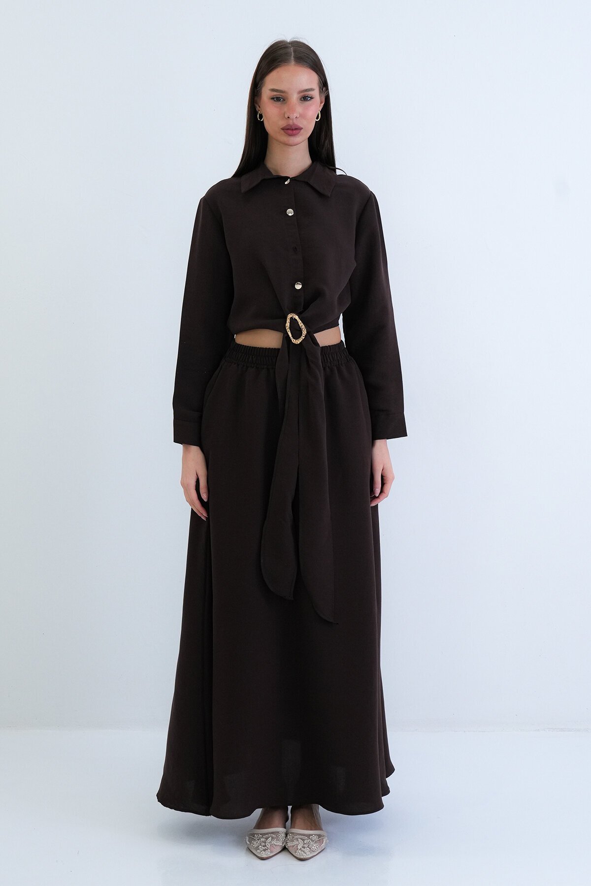 Toka Detaylı Gömlek Ve Beli Lastikli Etek Takım