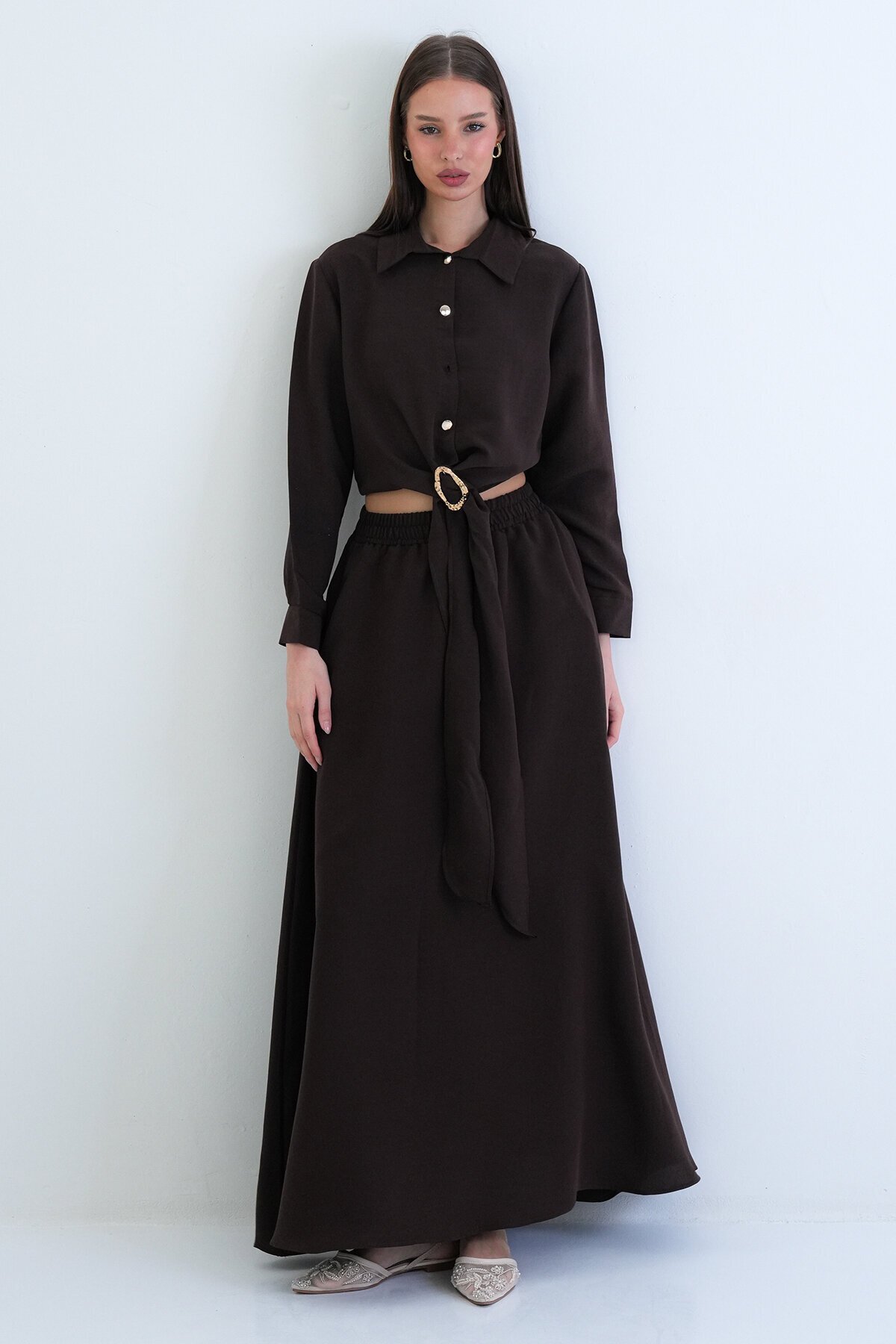 Toka Detaylı Gömlek Ve Beli Lastikli Etek Takım