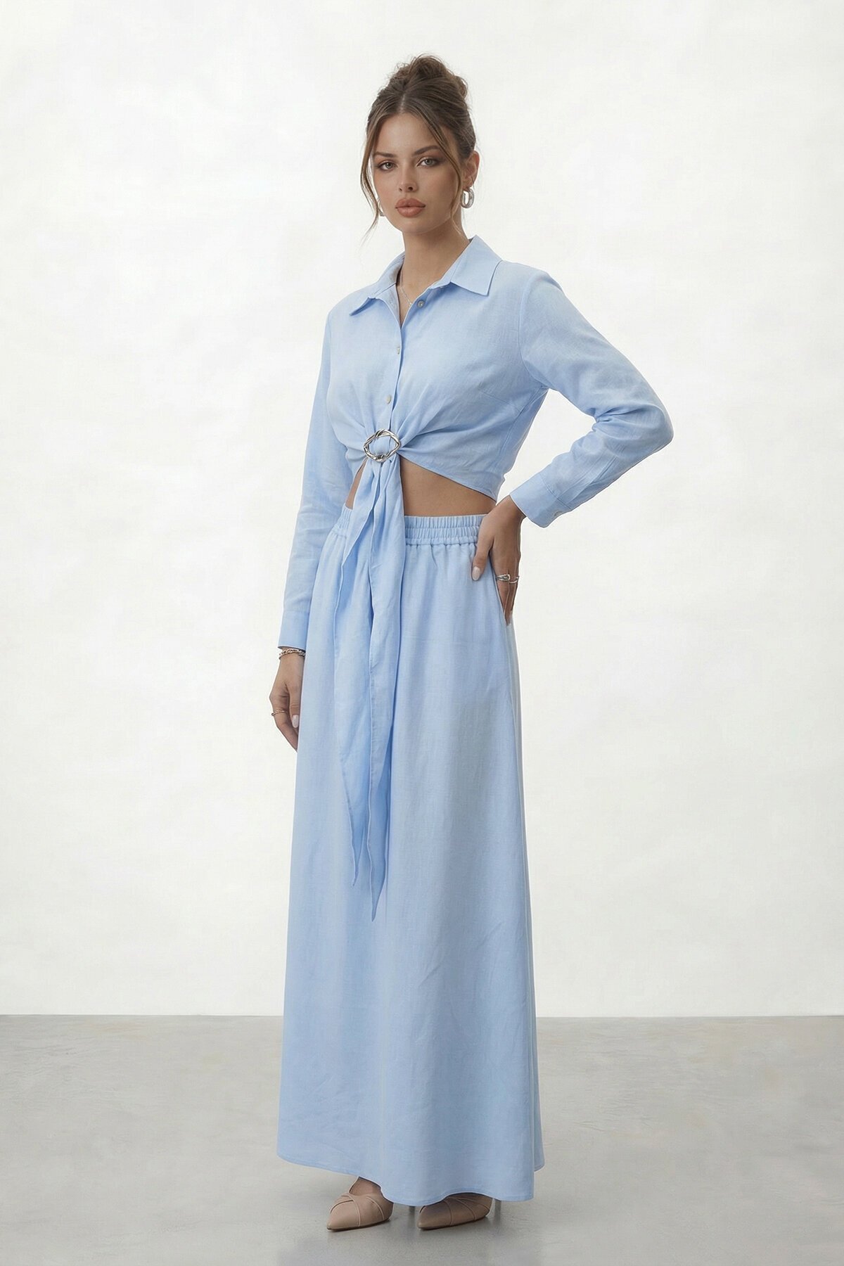 Tokalı Uzun Kollu Gömlek Ve Maxi Etek Takım