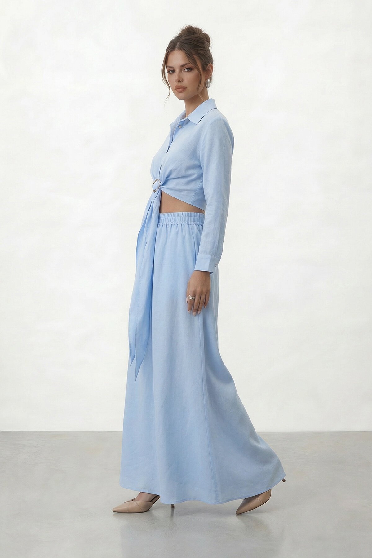 Tokalı Uzun Kollu Gömlek Ve Maxi Etek Takım