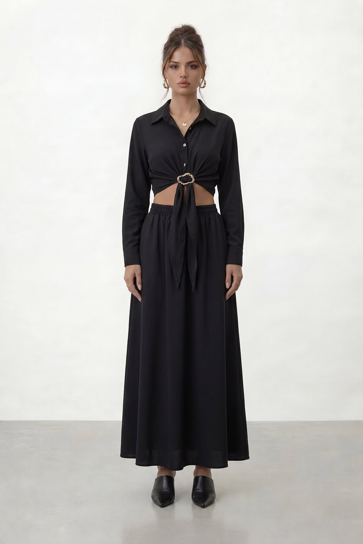 Tokalı Uzun Kollu Gömlek Ve Maxi Etek Takım