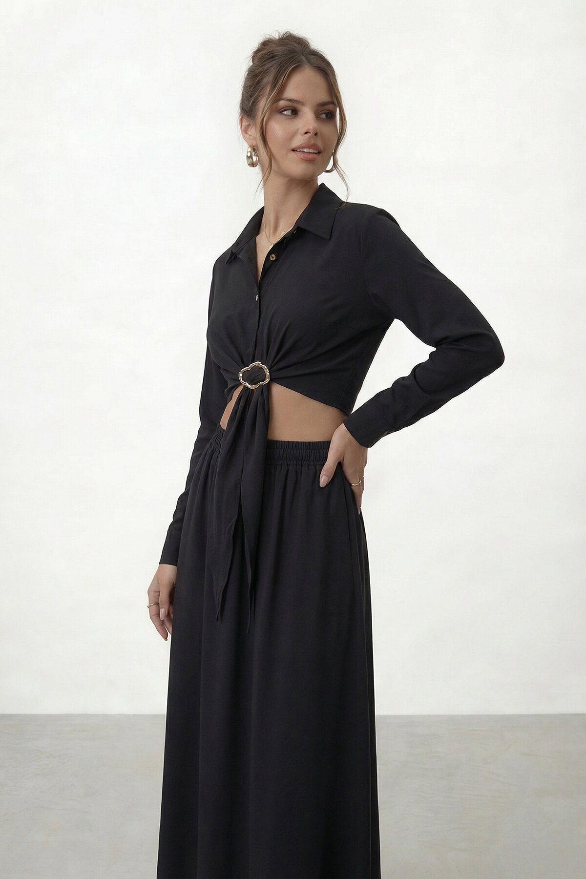 Tokalı Uzun Kollu Gömlek Ve Maxi Etek Takım