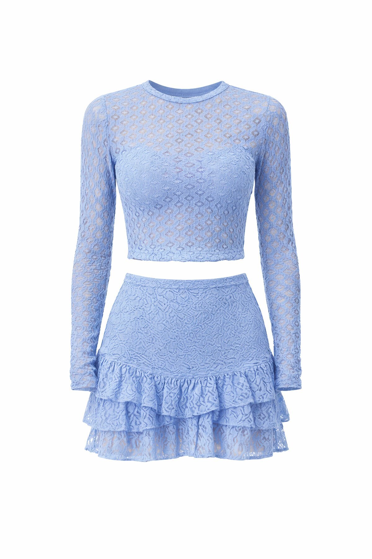 Transparan Dokulu Bluz Ve Katlı Mini Etek Takım