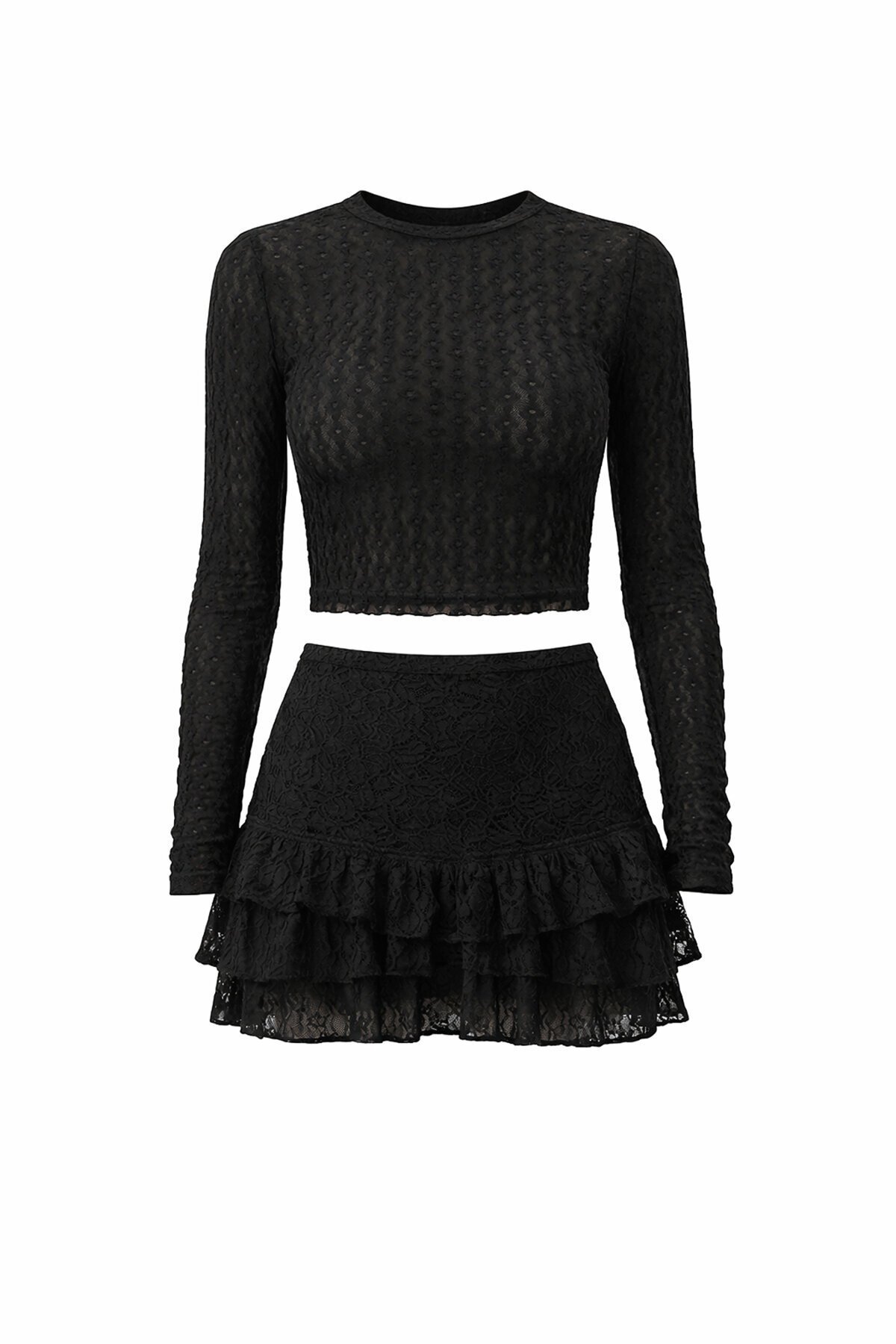 Transparan Dokulu Bluz Ve Katlı Mini Etek Takım