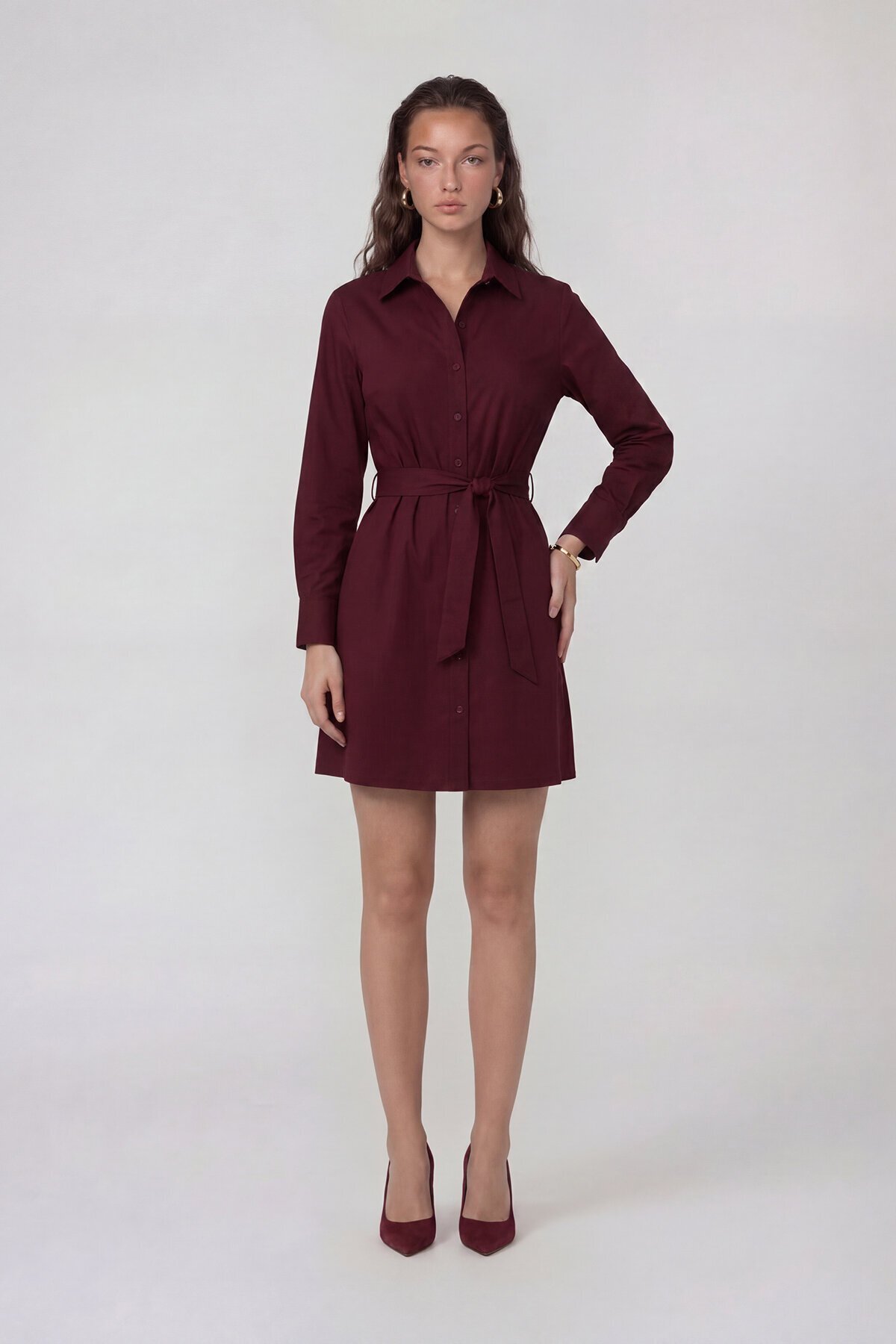 Uzun Kollu Gömlek Yaka Belden Bağlamalı Mini Elbise