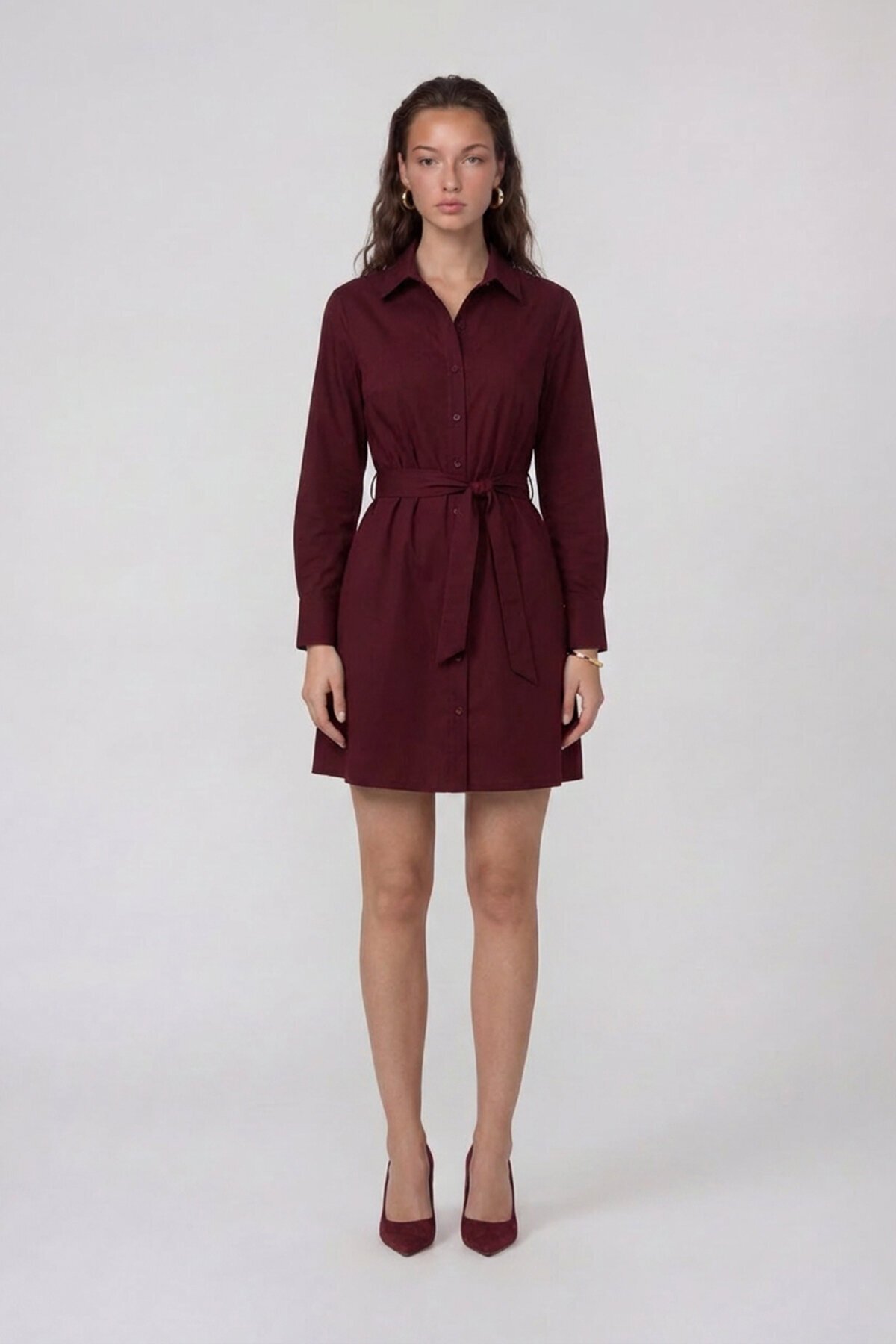 Uzun Kollu Gömlek Yaka Belden Bağlamalı Mini Elbise