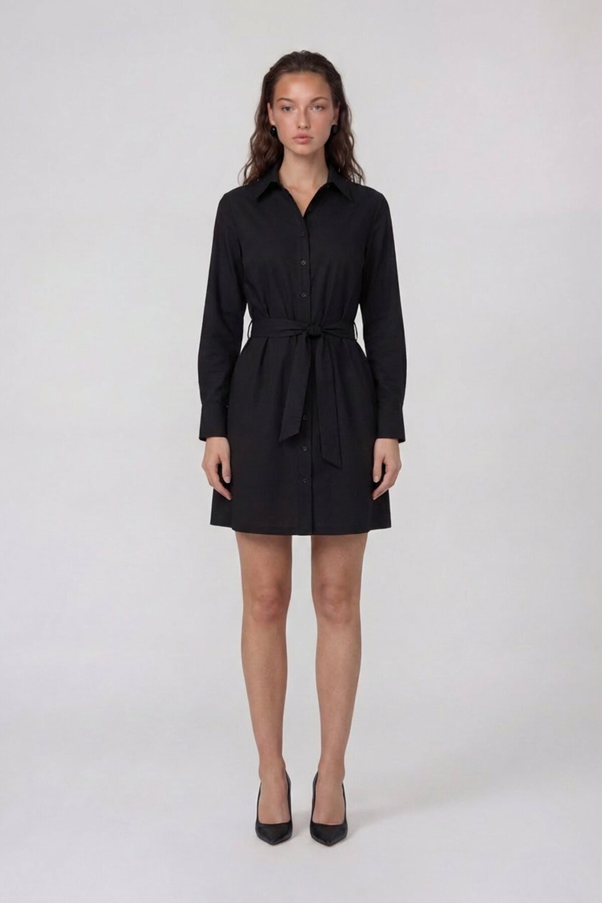 Uzun Kollu Gömlek Yaka Belden Bağlamalı Mini Elbise