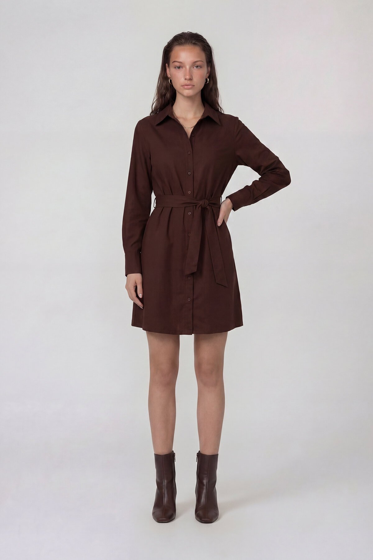 Uzun Kollu Gömlek Yaka Belden Bağlamalı Mini Elbise