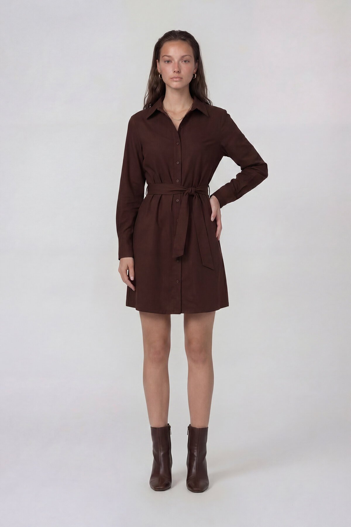 Uzun Kollu Gömlek Yaka Belden Bağlamalı Mini Elbise