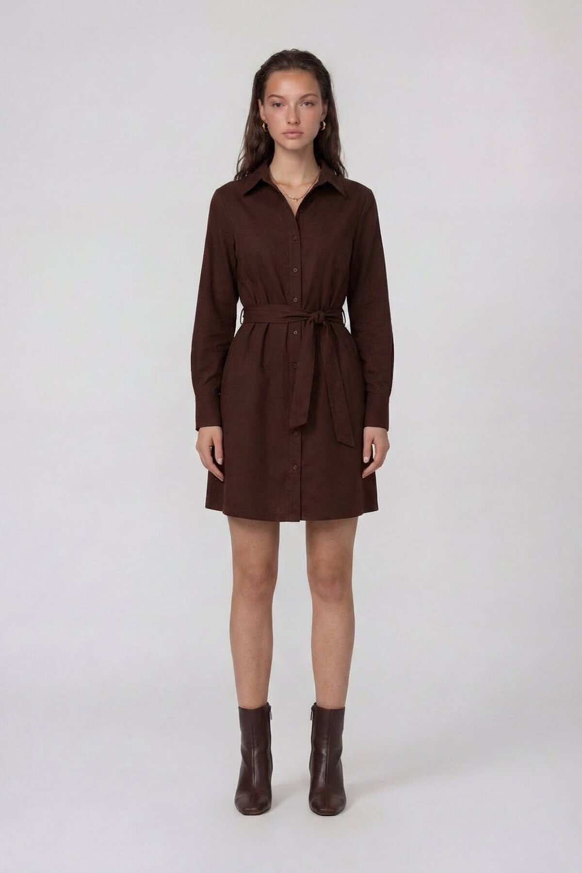 Uzun Kollu Gömlek Yaka Belden Bağlamalı Mini Elbise