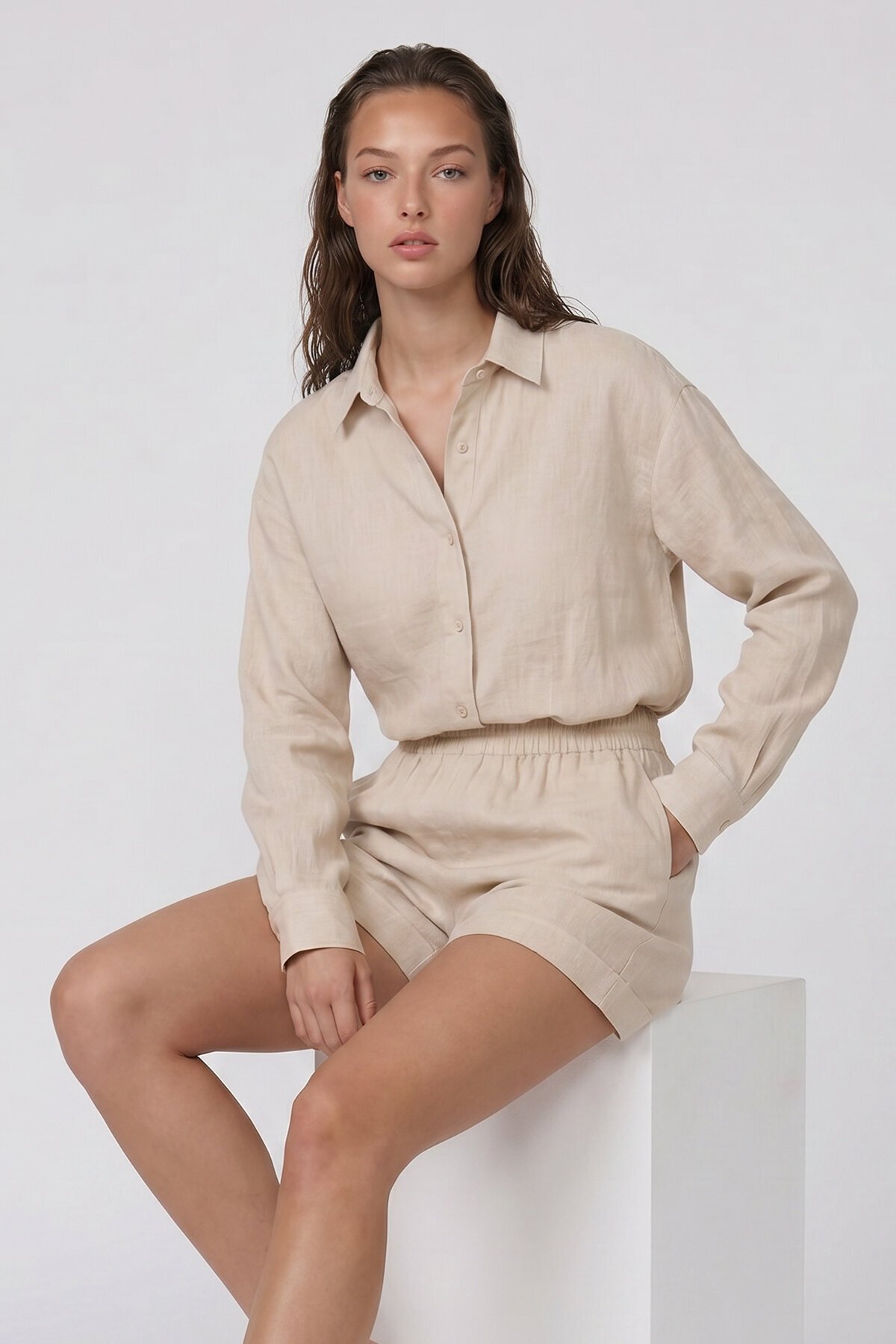 Uzun Kollu Oversize Gömlek Ve Beli Lastikli Şort Takım