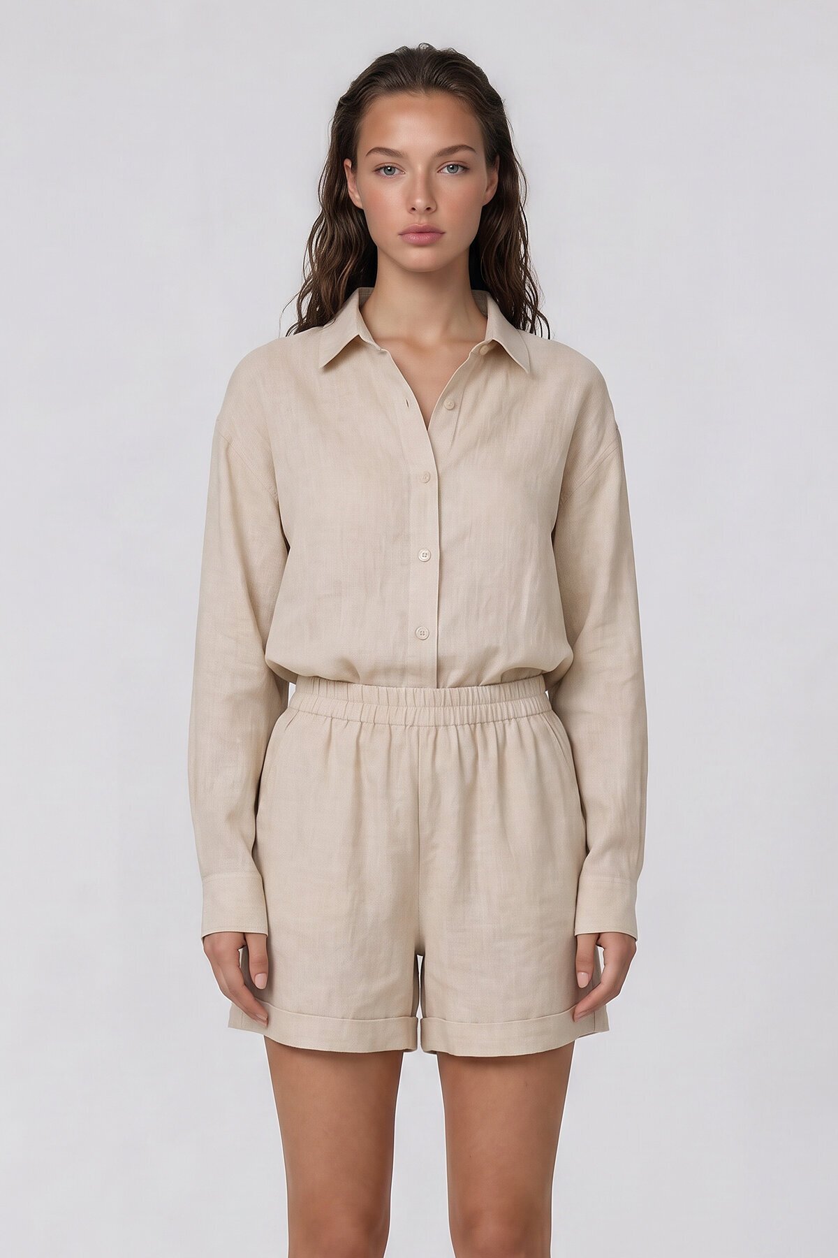 Uzun Kollu Oversize Gömlek Ve Beli Lastikli Şort Takım