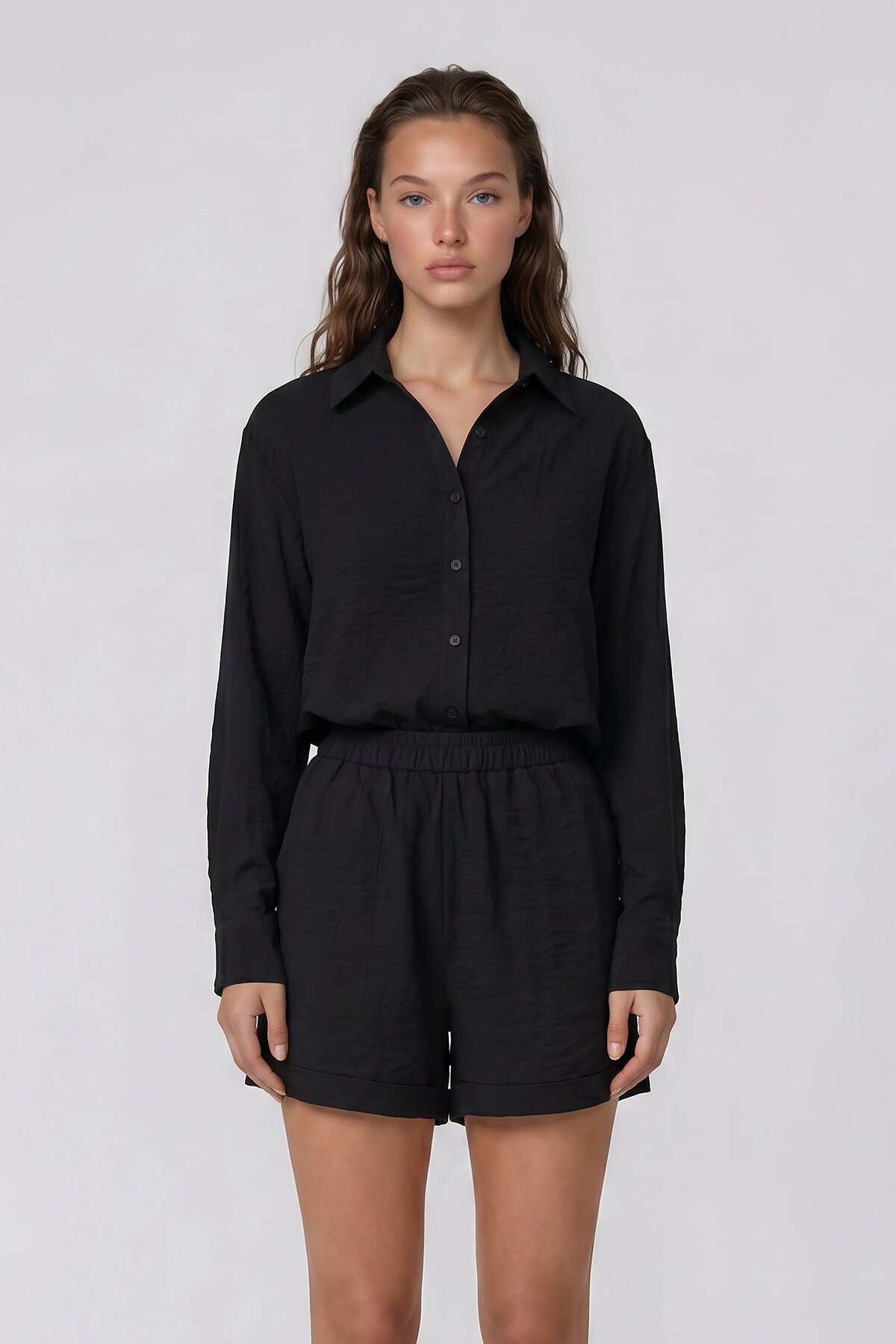 Uzun Kollu Oversize Gömlek Ve Beli Lastikli Şort Takım