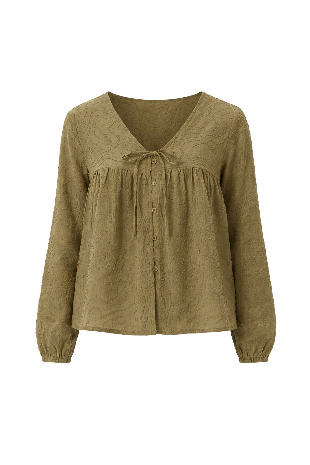 V Yaka Bağlamalı Ve Düğmeli Bluz