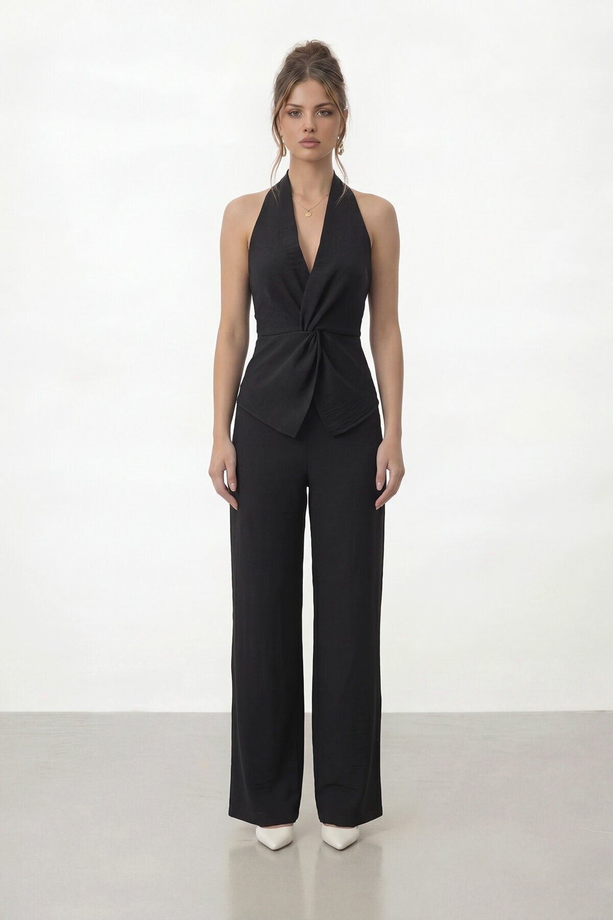 V Yaka Bel Detaylı Bluz Ve Pantolon Takım