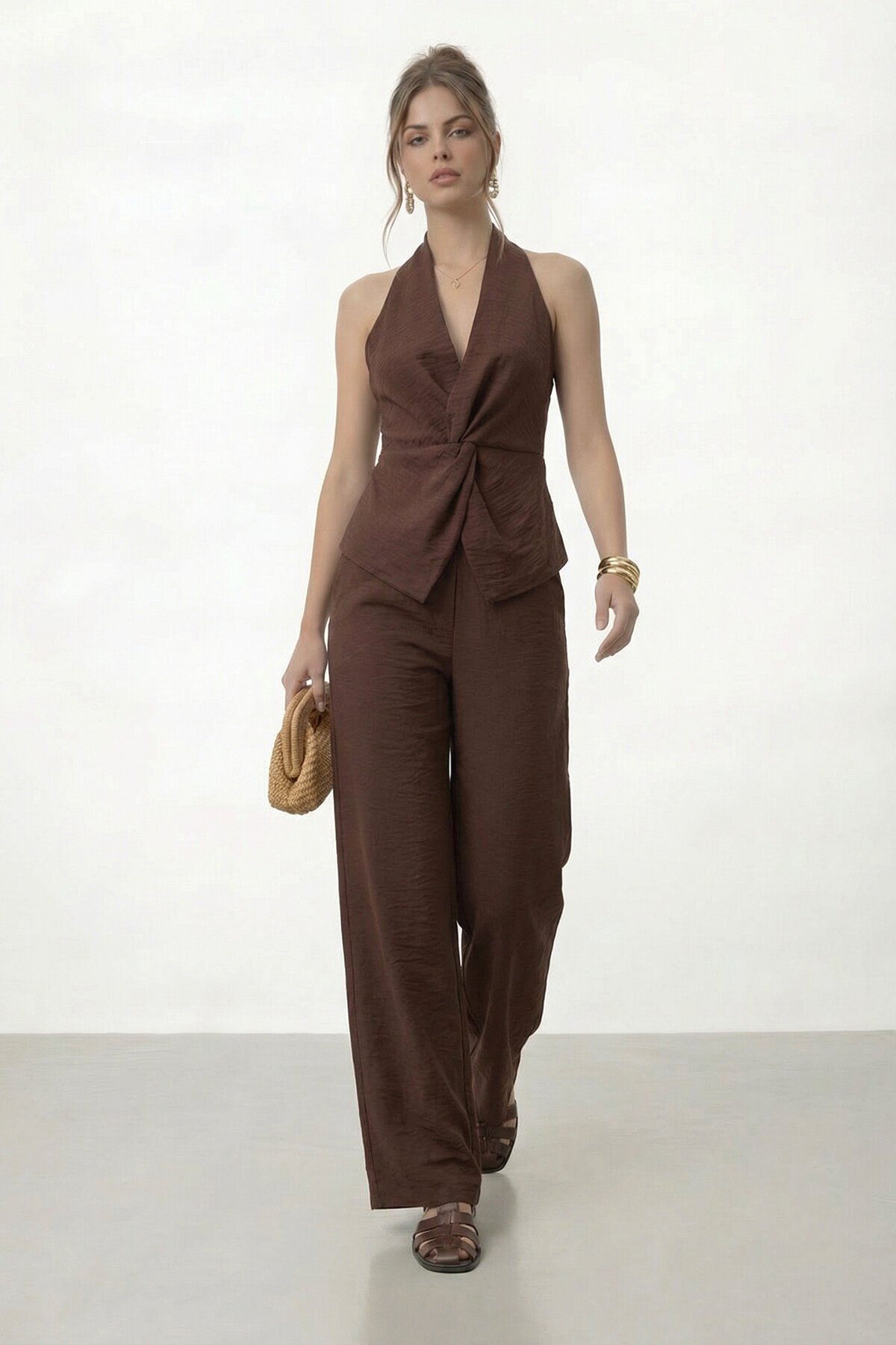 V Yaka Bel Detaylı Bluz Ve Pantolon Takım