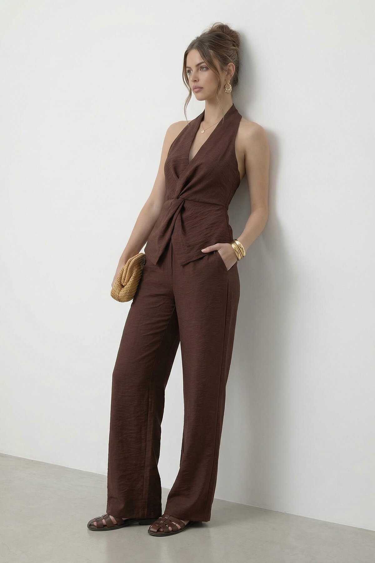 V Yaka Bel Detaylı Bluz Ve Pantolon Takım