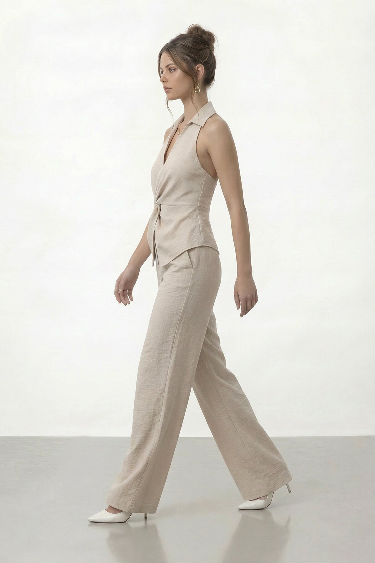 V Yaka Bel Detaylı Bluz Ve Pantolon Takım