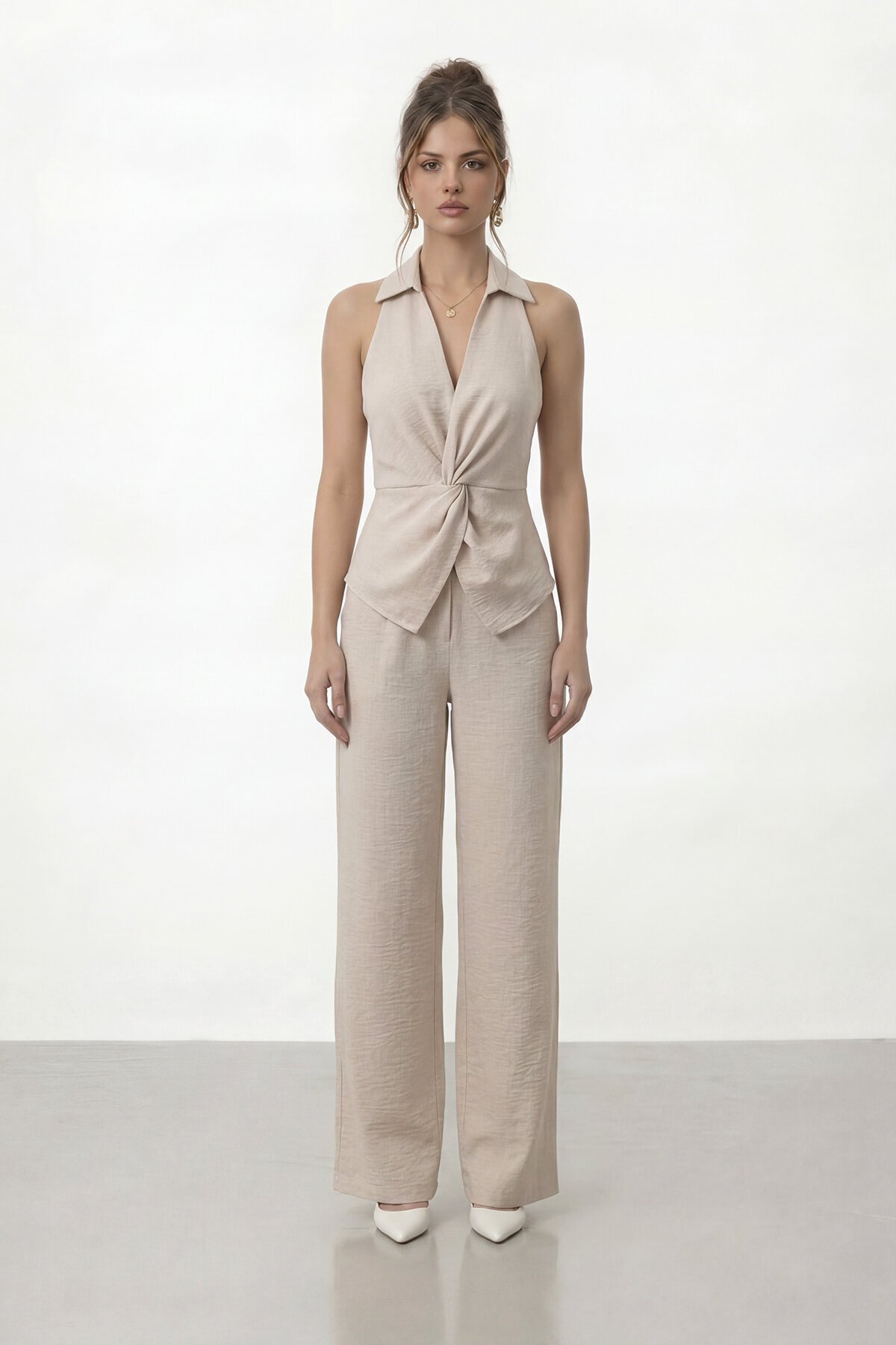 V Yaka Bel Detaylı Bluz Ve Pantolon Takım