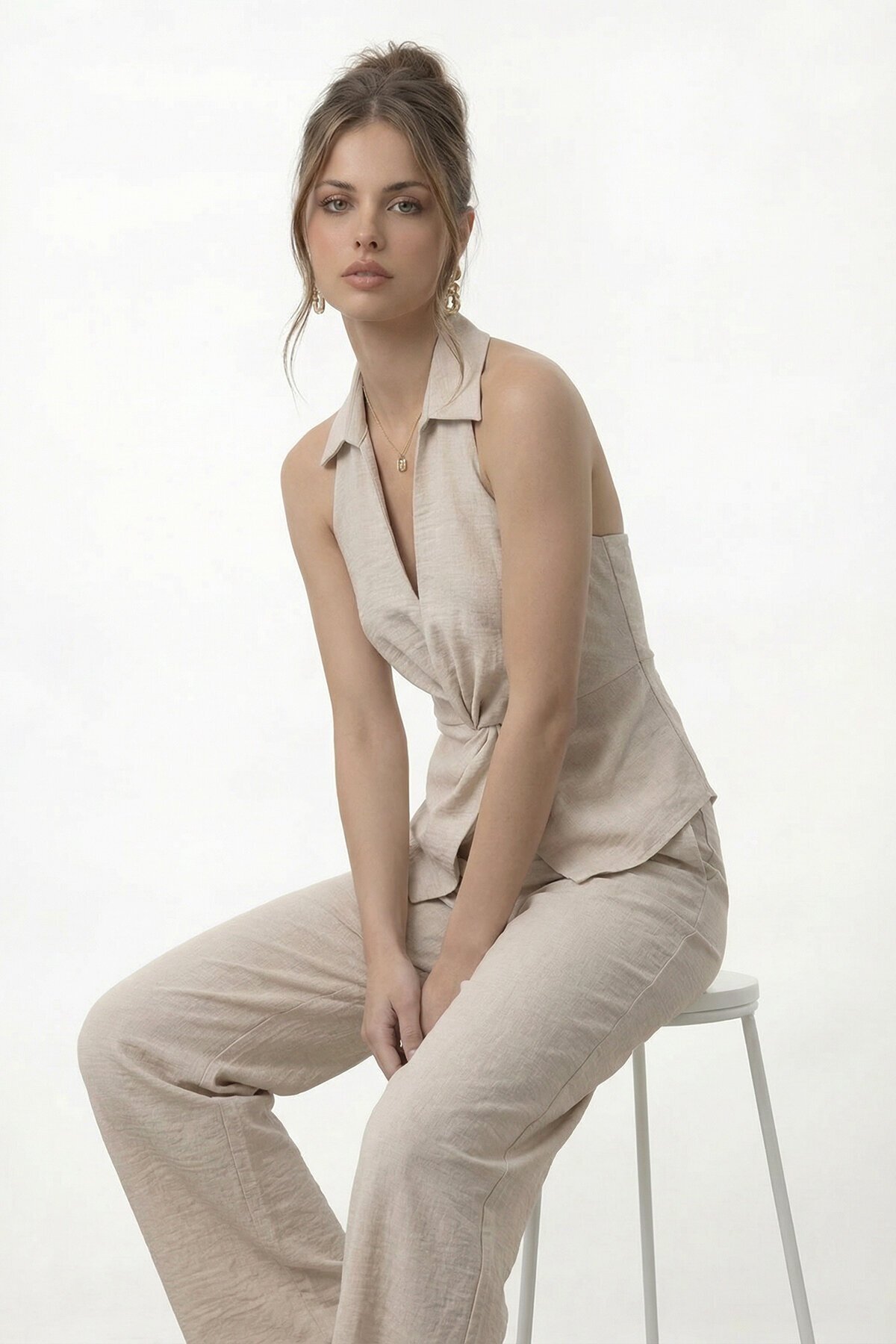 V Yaka Bel Detaylı Bluz Ve Pantolon Takım