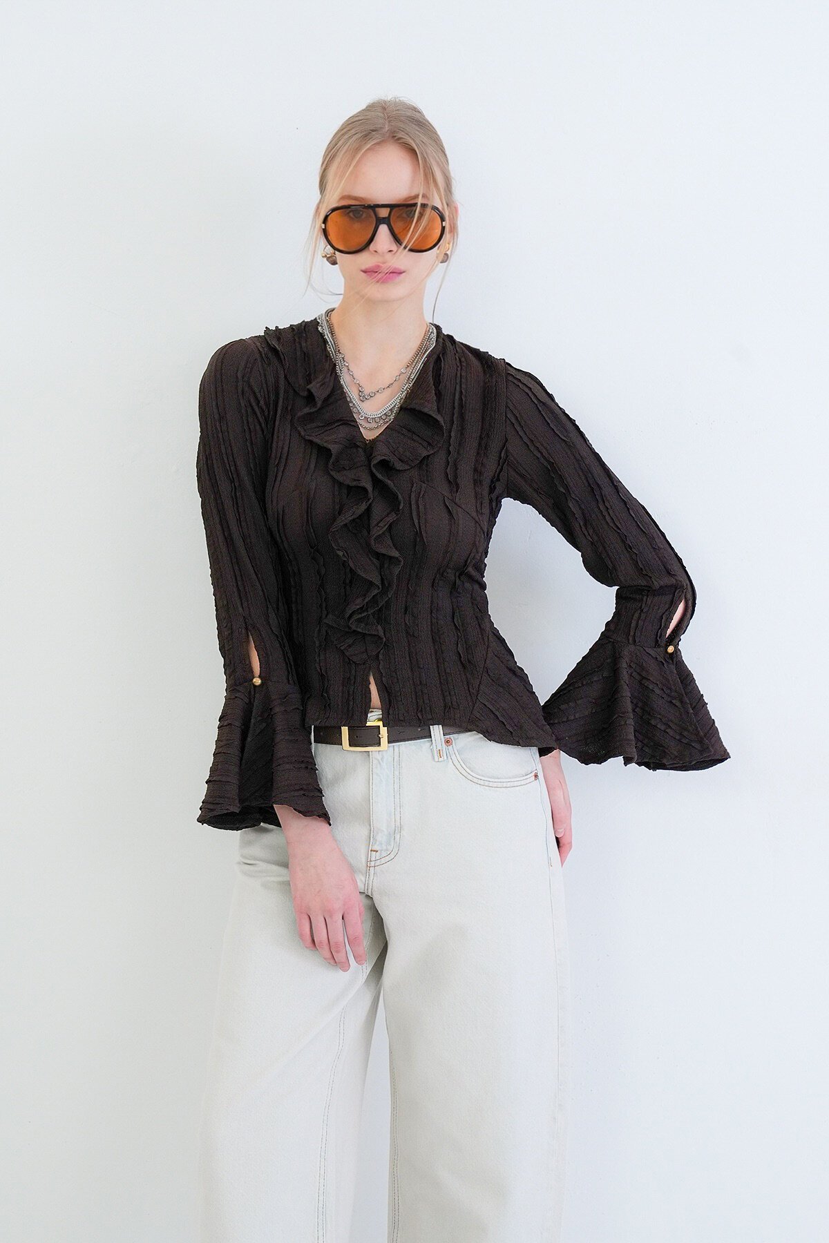 V Yaka Volanlı İspanyol Kol Fırfır Bluz