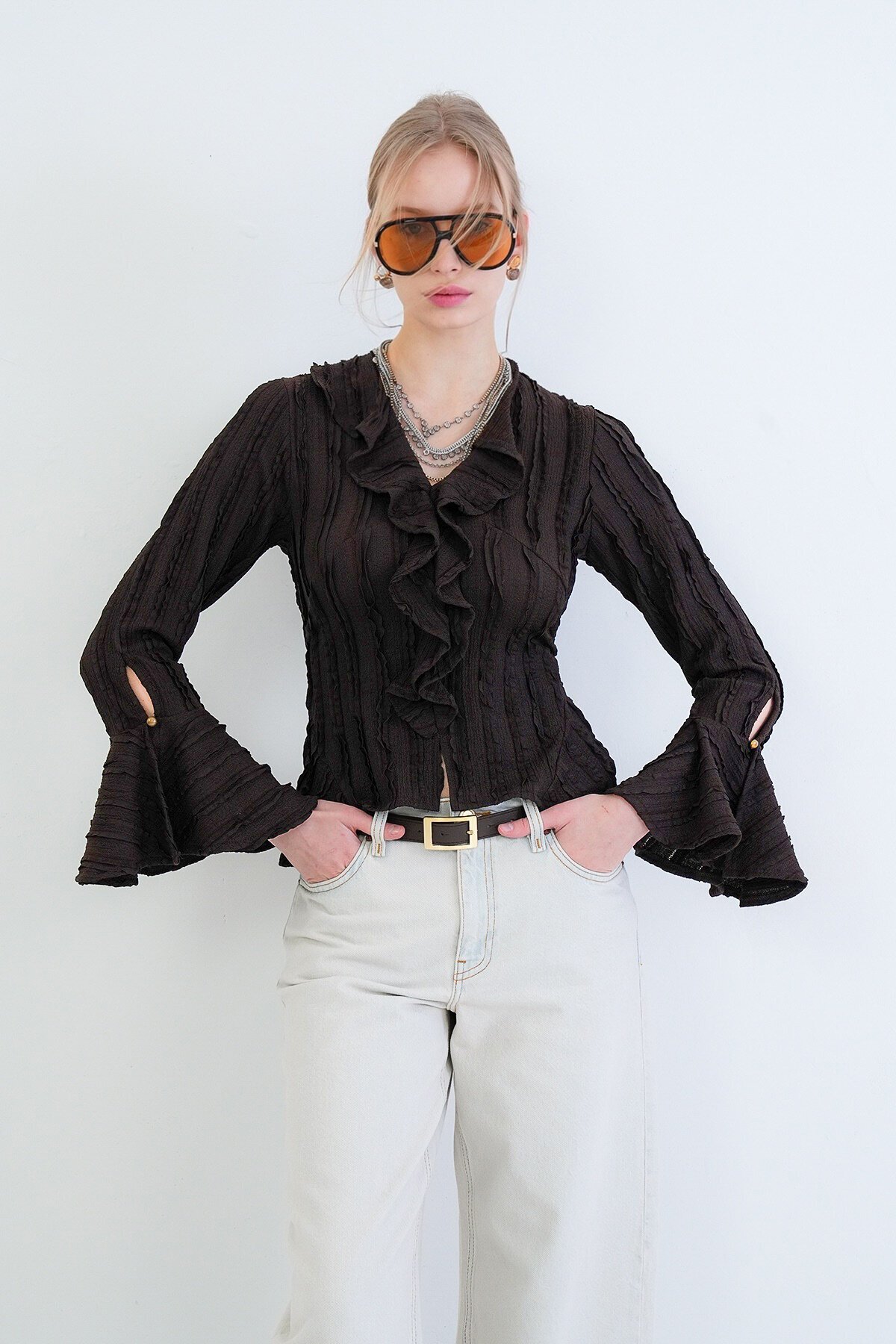 V Yaka Volanlı İspanyol Kol Fırfır Bluz