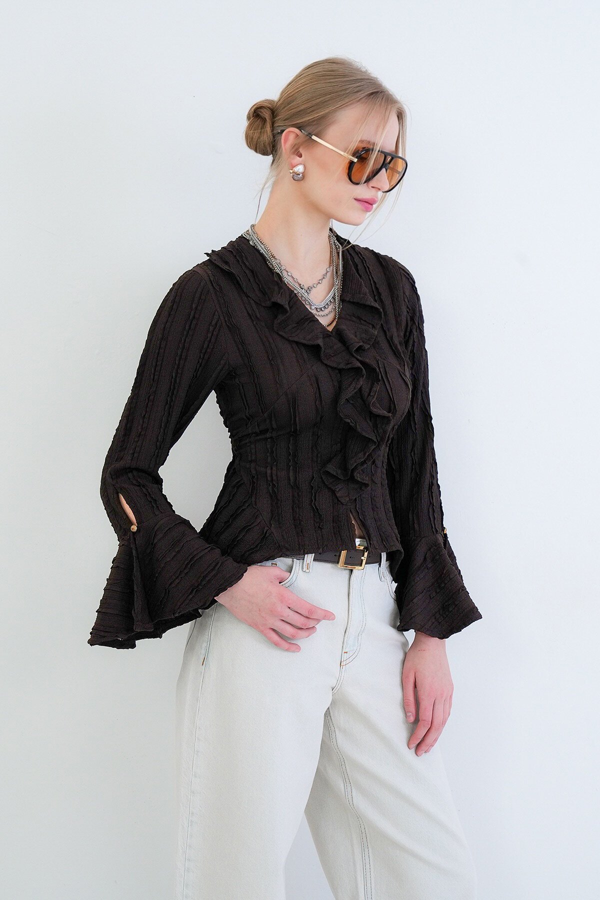 V Yaka Volanlı İspanyol Kol Fırfır Bluz