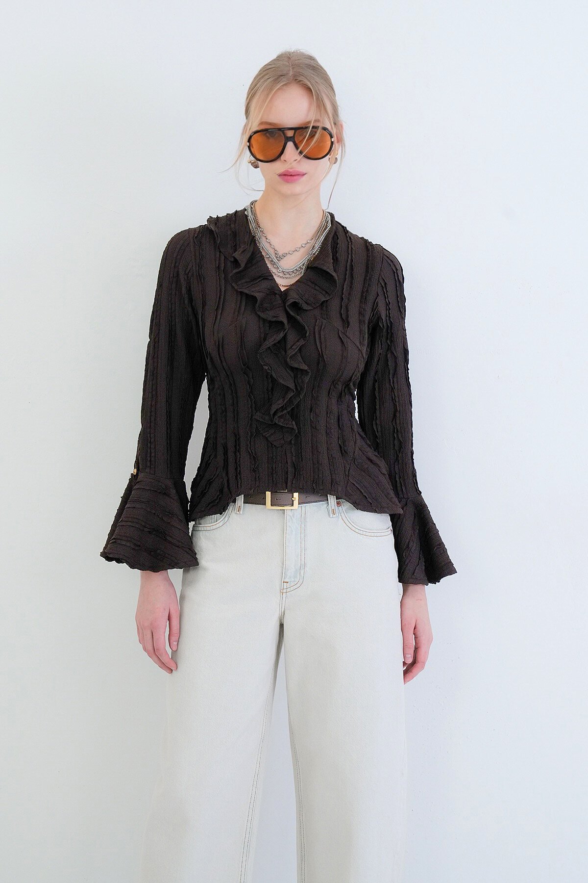 V Yaka Volanlı İspanyol Kol Fırfır Bluz