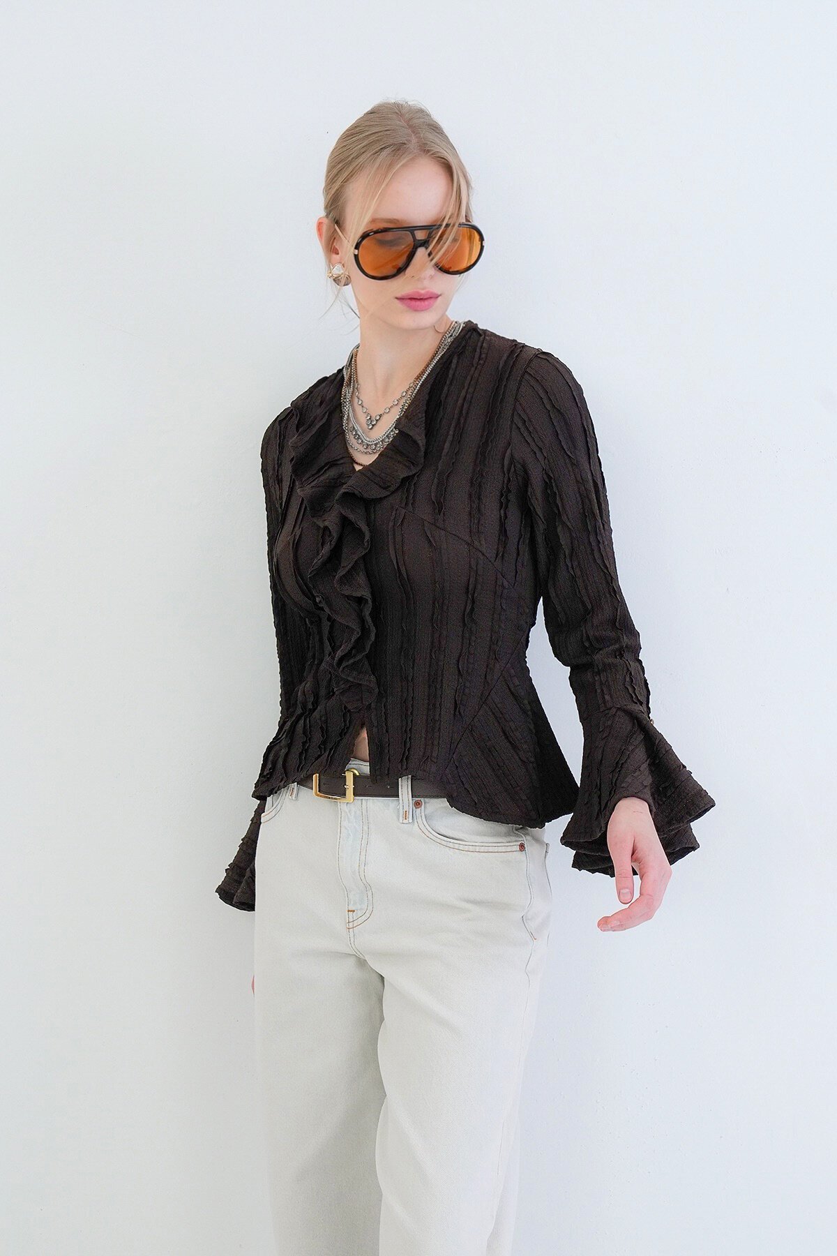 V Yaka Volanlı İspanyol Kol Fırfır Bluz